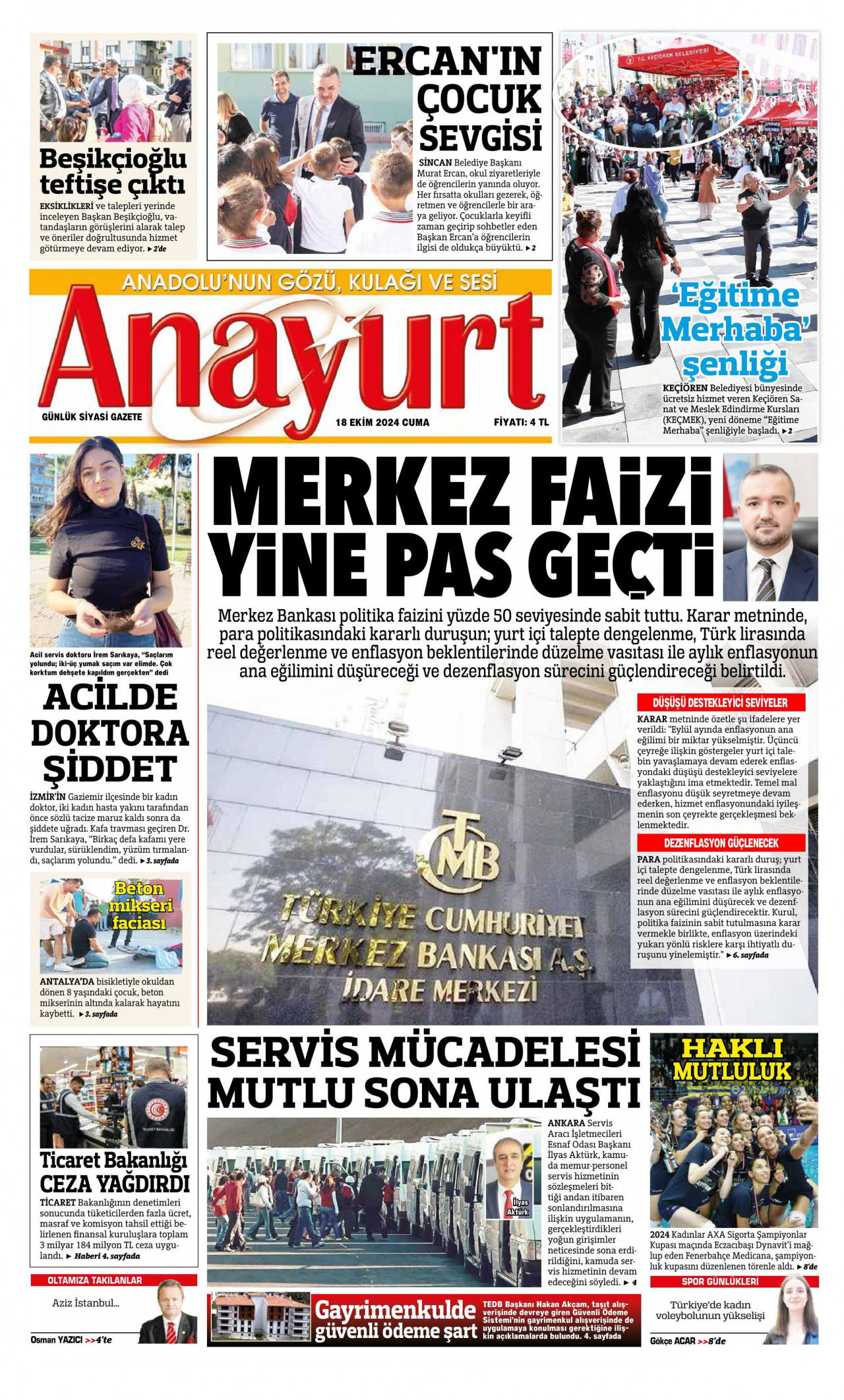 ANAYURT gazetesinin 18 Ekim 2024 tarihli birinci sayfası