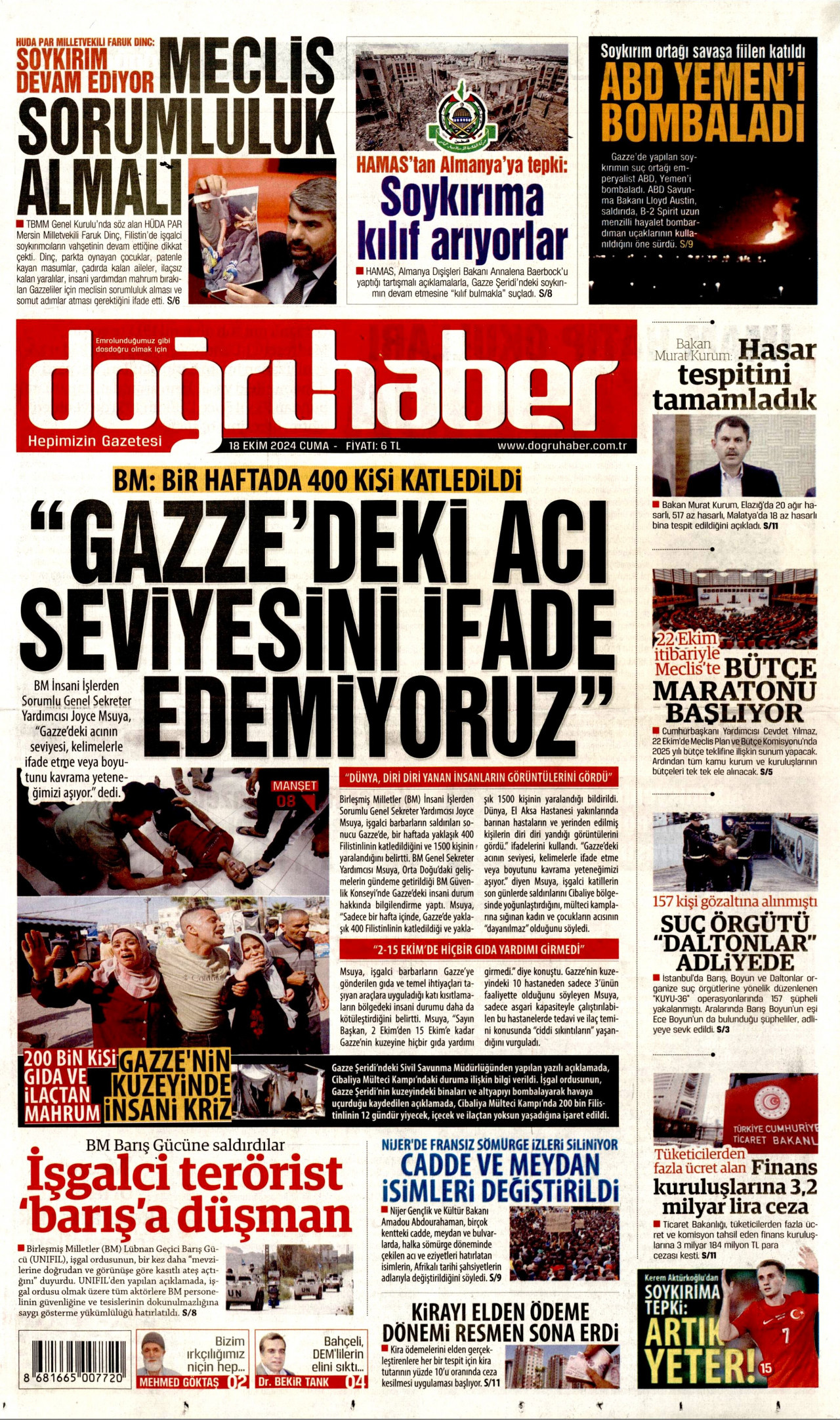 DOĞRU HABER gazetesinin 18 Ekim 2024 tarihli birinci sayfası