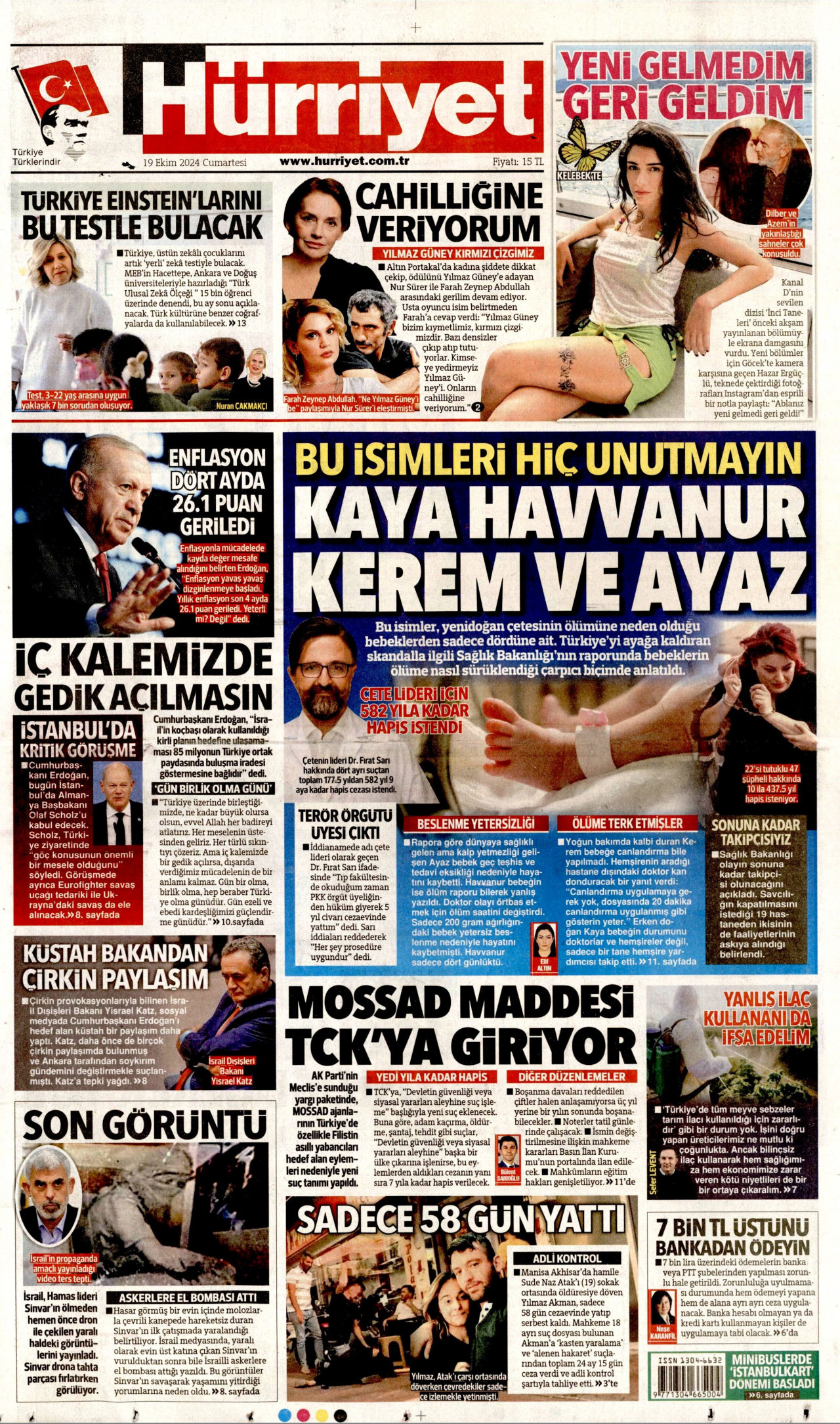 HÜRRİYET gazetesinin 19 Ekim 2024 tarihli birinci sayfası