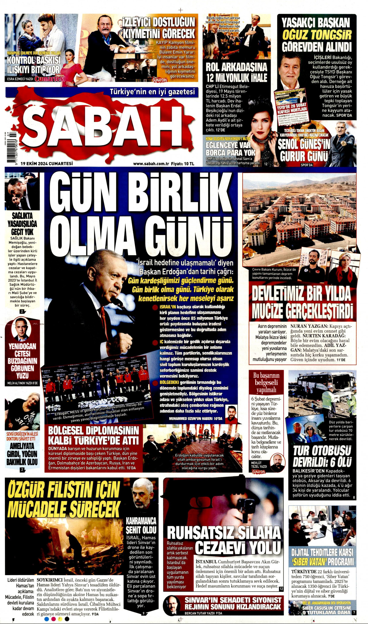 SABAH gazetesinin 19 Ekim 2024 tarihli birinci sayfası