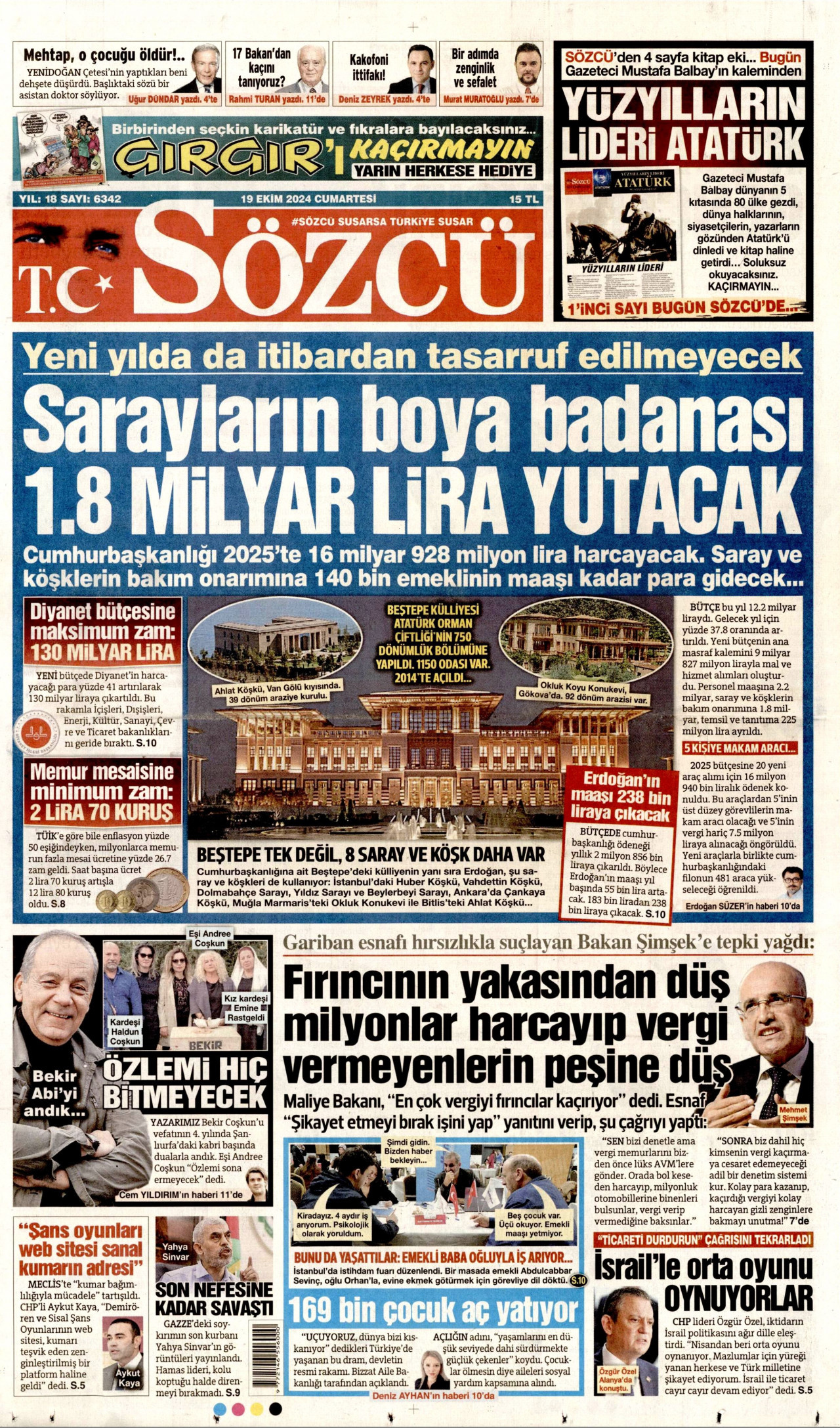 SÖZCÜ gazetesinin 19 Ekim 2024 tarihli birinci sayfası