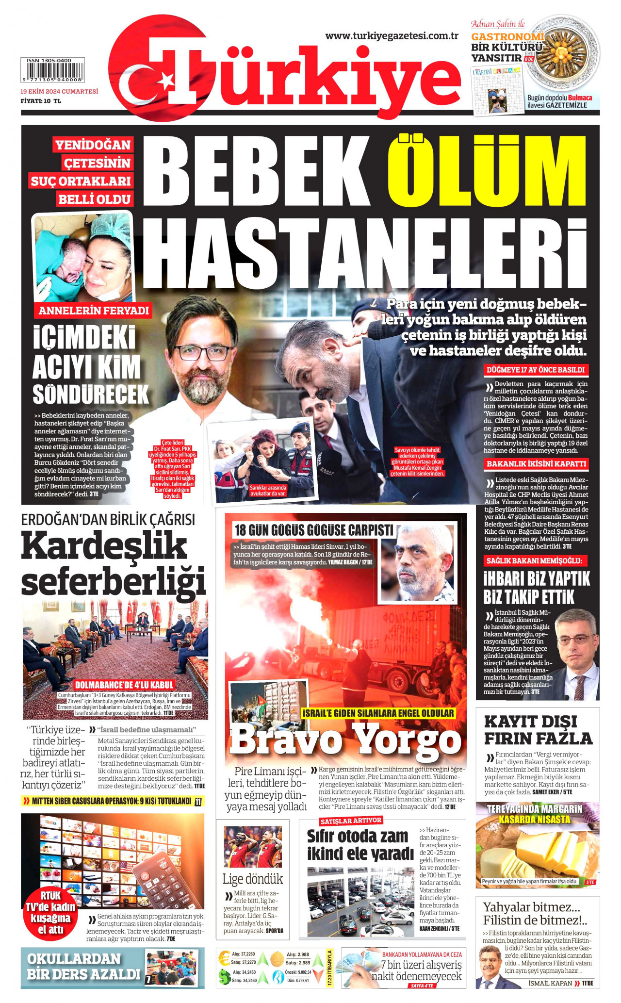 TÜRKİYE GAZETESİ gazetesinin 19 Ekim 2024 tarihli birinci sayfası