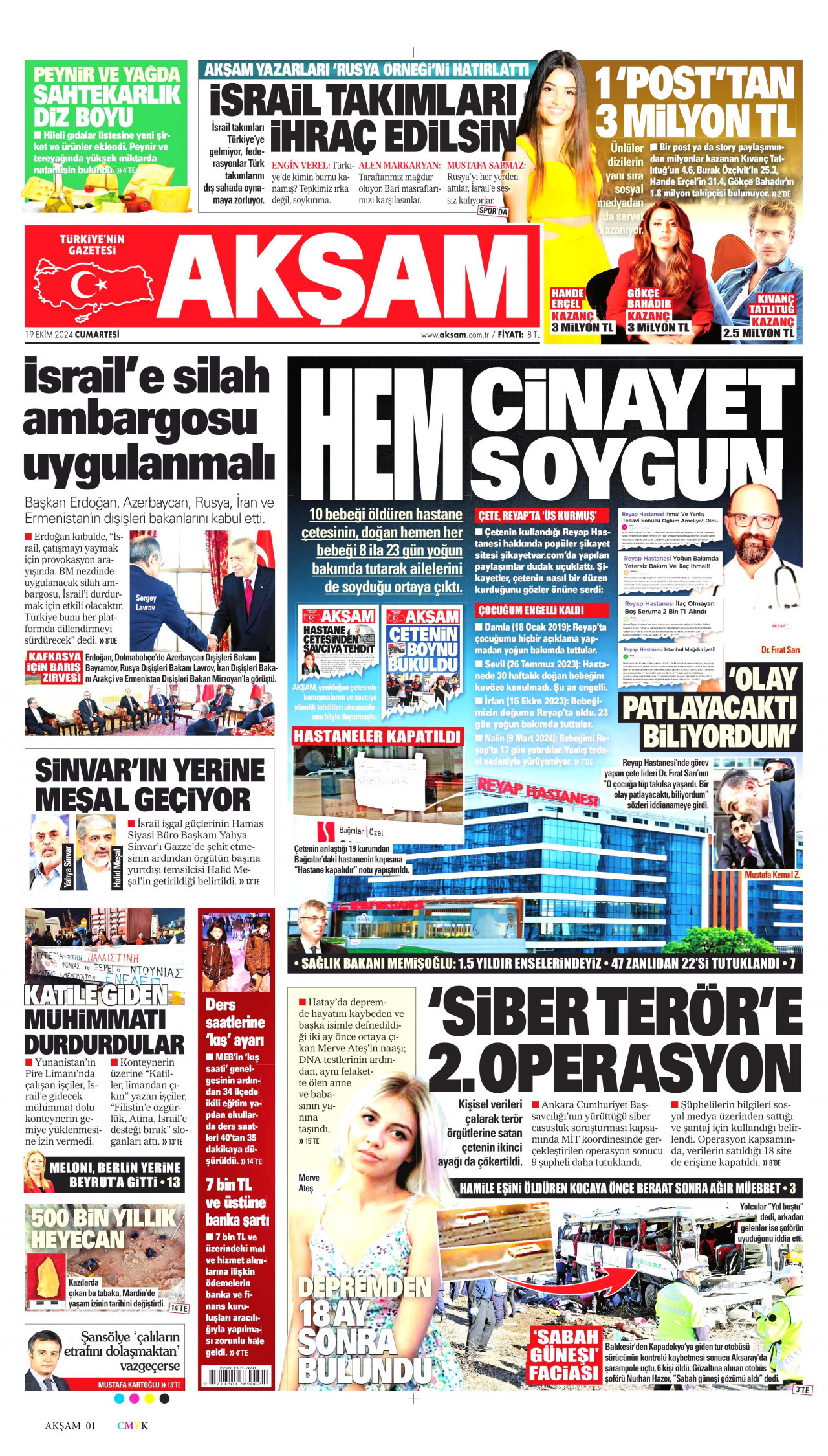 AKŞAM gazetesinin 19 Ekim 2024 tarihli birinci sayfası