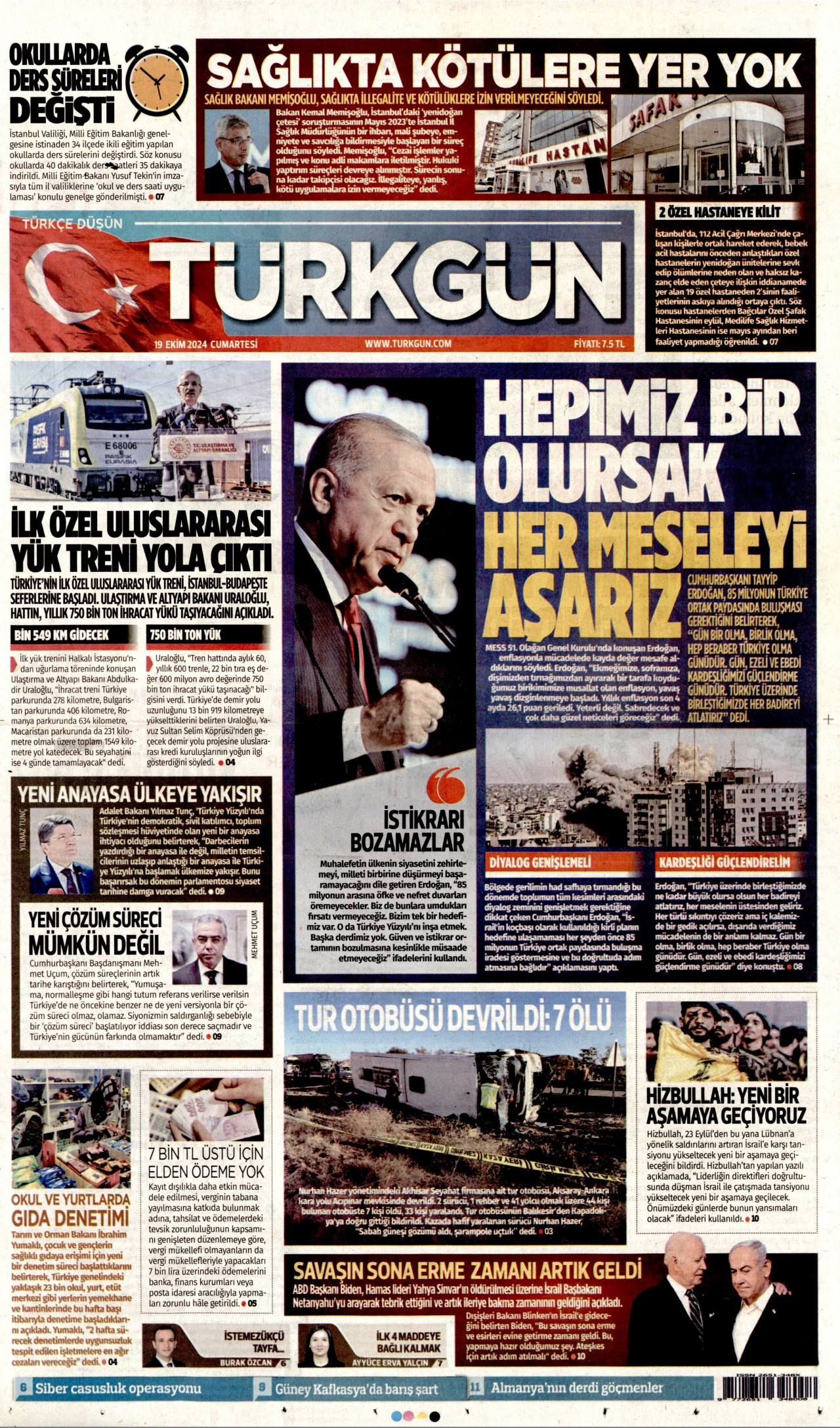 TÜRKGÜN gazetesinin 19 Ekim 2024 tarihli birinci sayfası