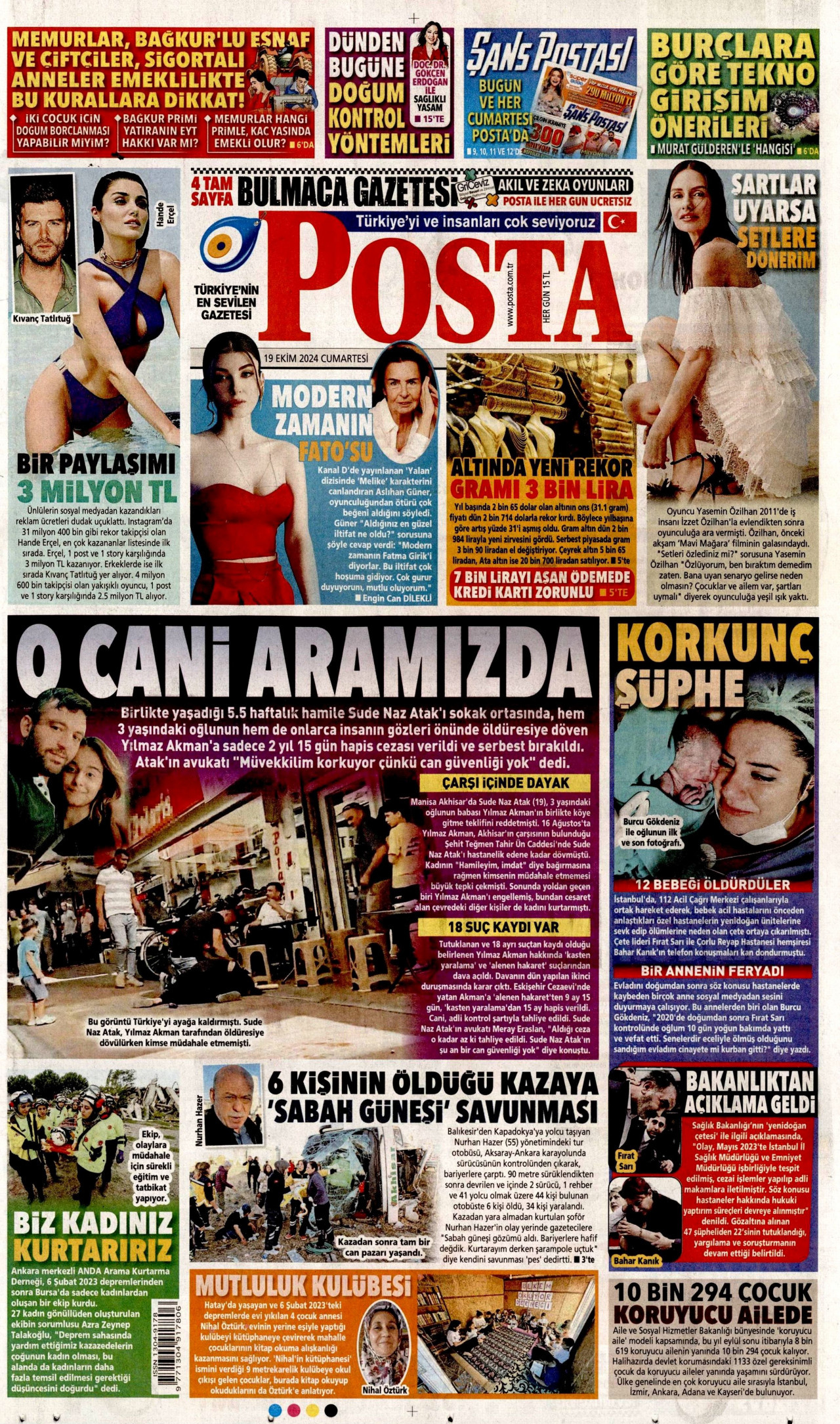 POSTA gazetesinin 19 Ekim 2024 tarihli birinci sayfası