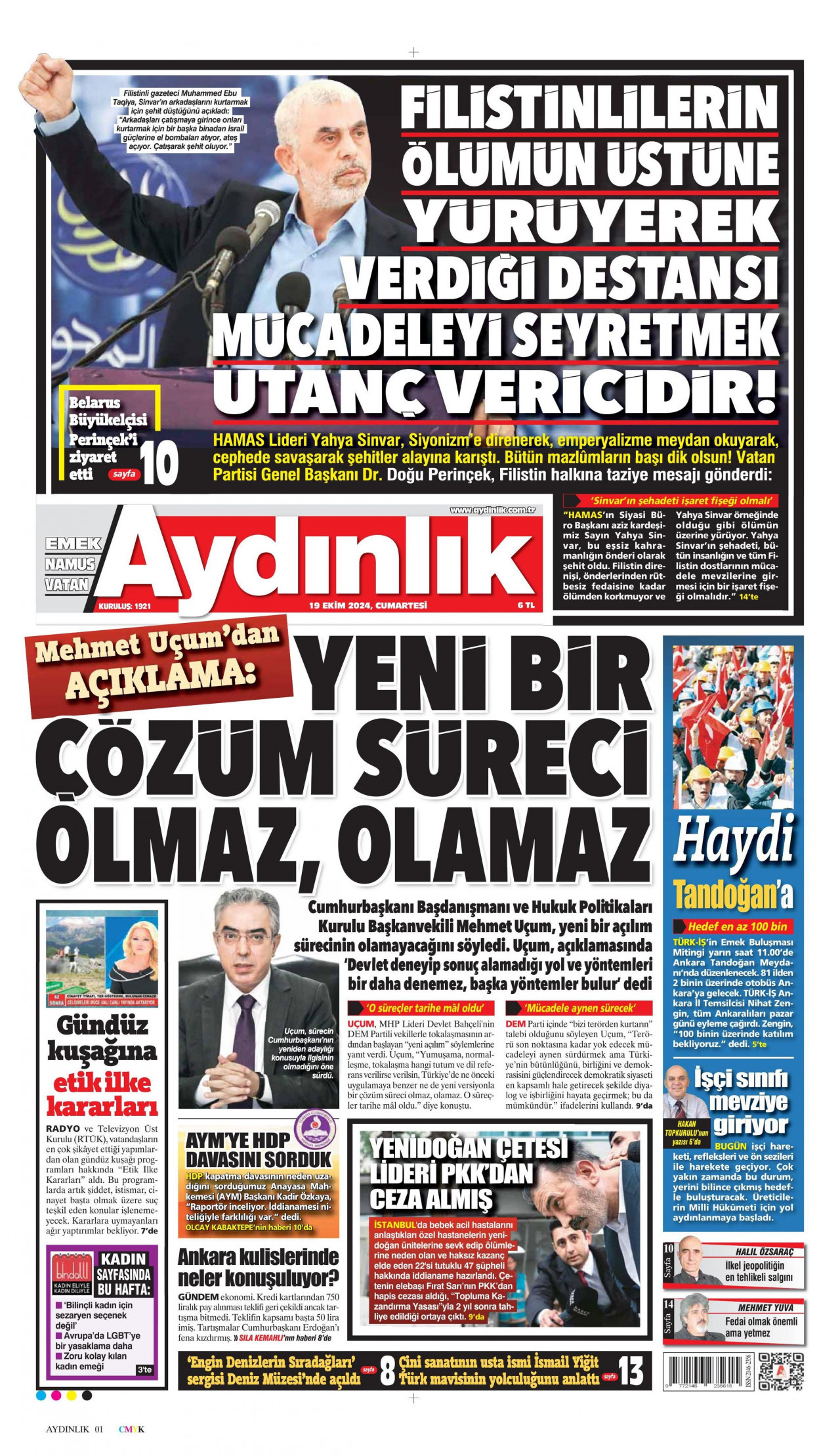 AYDINLIK GAZETESİ gazetesinin 19 Ekim 2024 tarihli birinci sayfası