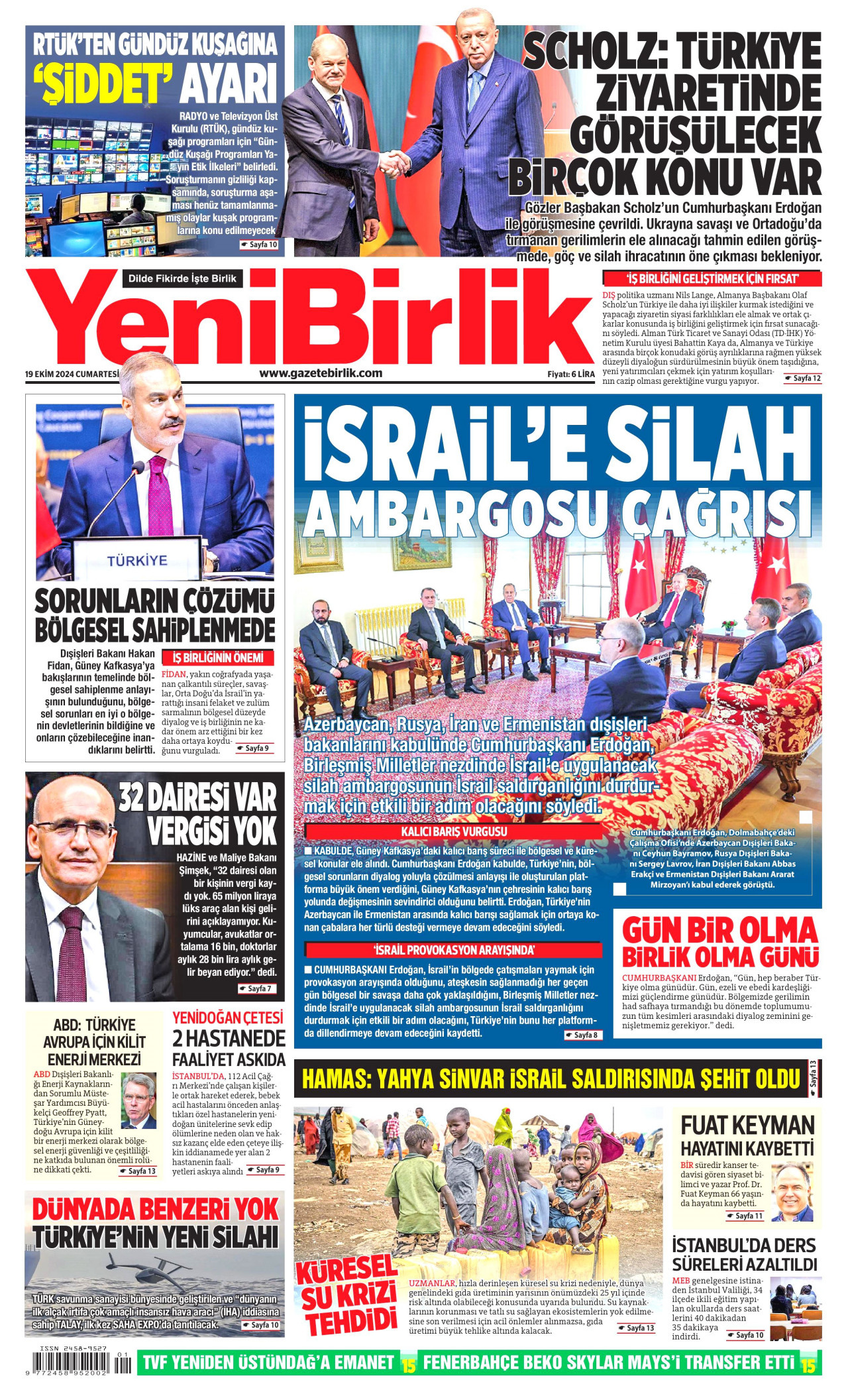 YENİBİRLİK gazetesinin 19 Ekim 2024 tarihli birinci sayfası