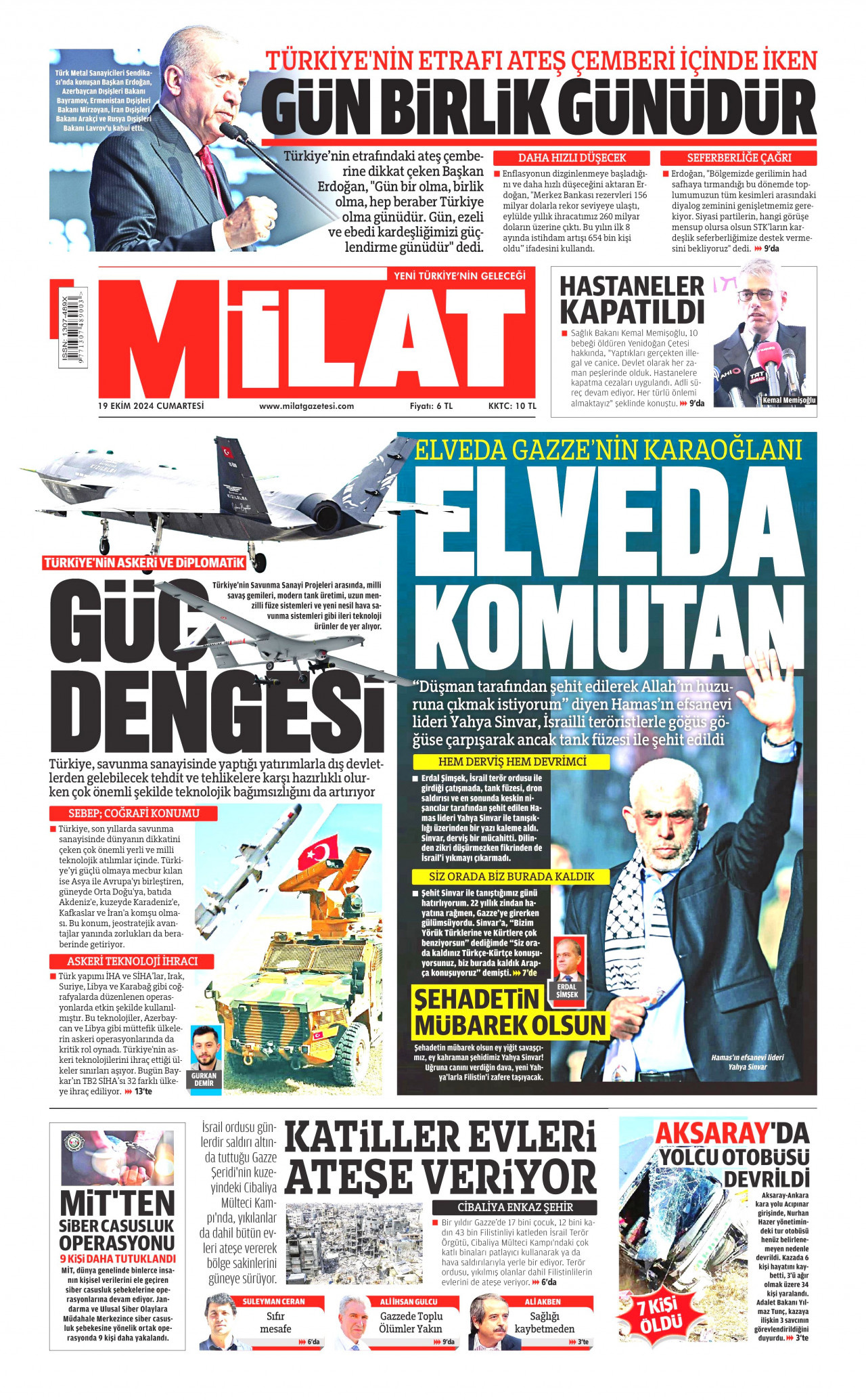 MİLAT gazetesinin 19 Ekim 2024 tarihli birinci sayfası