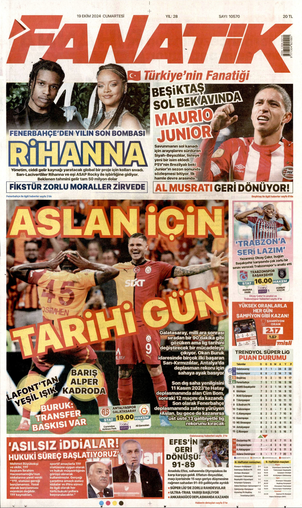 FANATİK gazetesinin 19 Ekim 2024 tarihli birinci sayfası