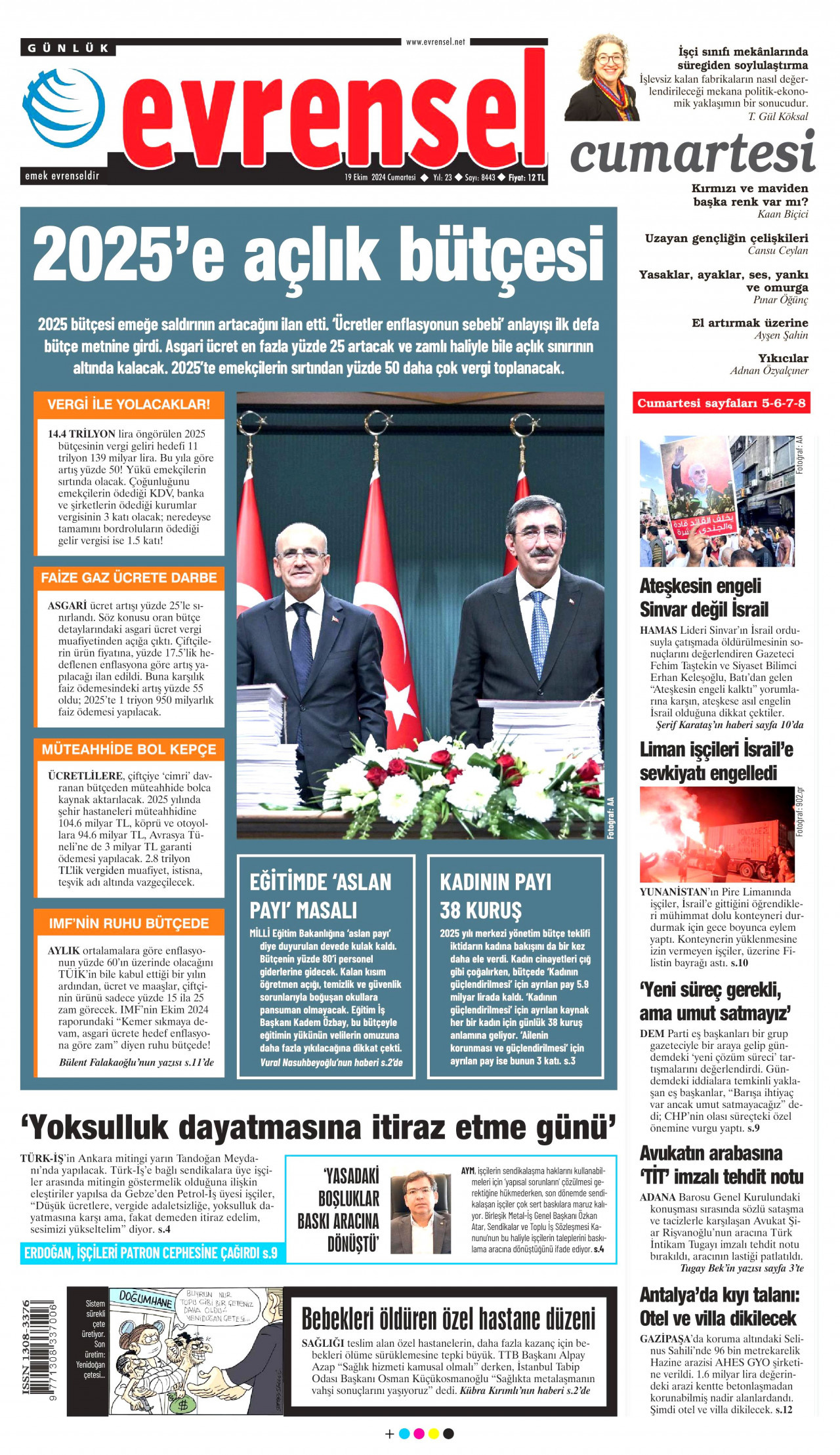 EVRENSEL gazetesinin 19 Ekim 2024 tarihli birinci sayfası