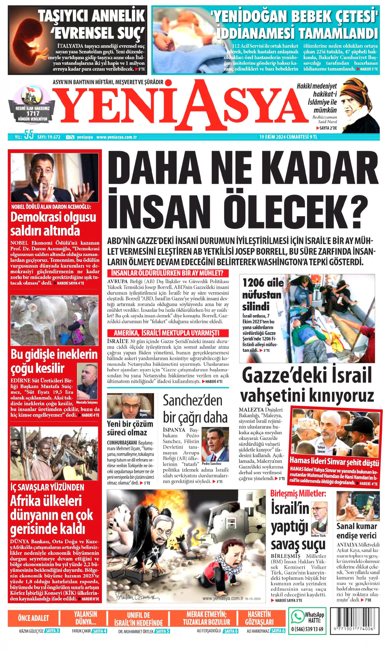 YENİ ASYA gazetesinin 19 Ekim 2024 tarihli birinci sayfası