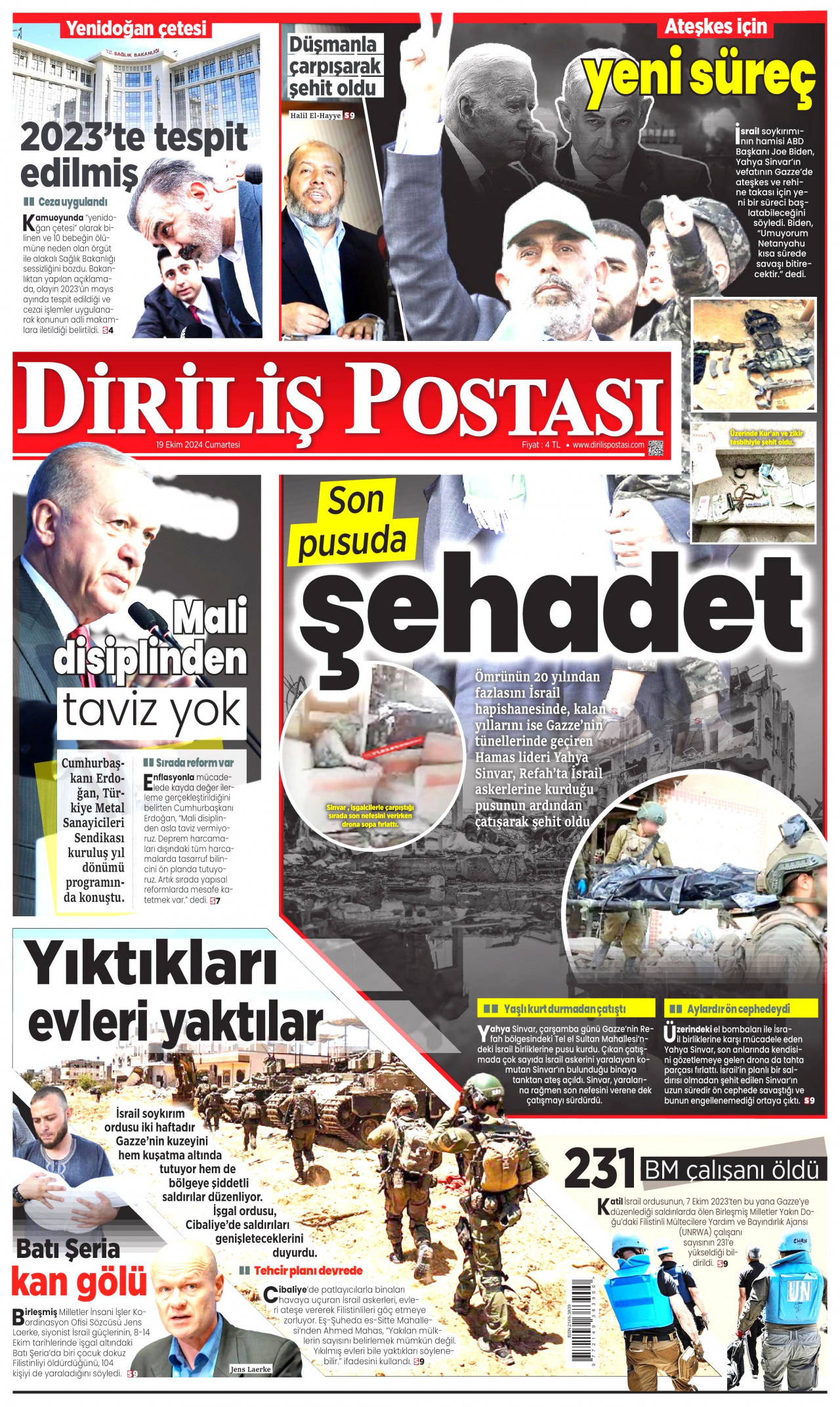 DİRİLİŞ POSTASI gazetesinin 19 Ekim 2024 tarihli birinci sayfası
