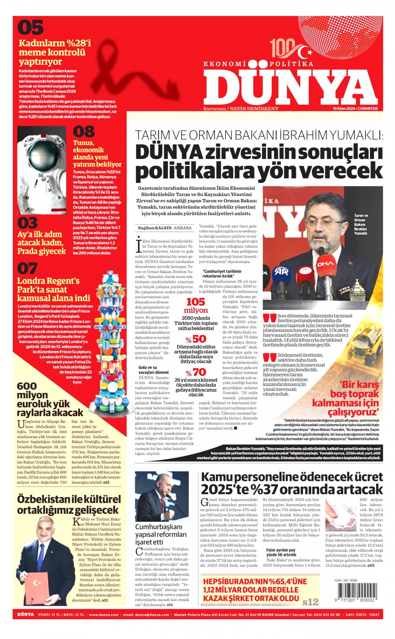 DÜNYA gazetesinin 19 Ekim 2024 tarihli birinci sayfası