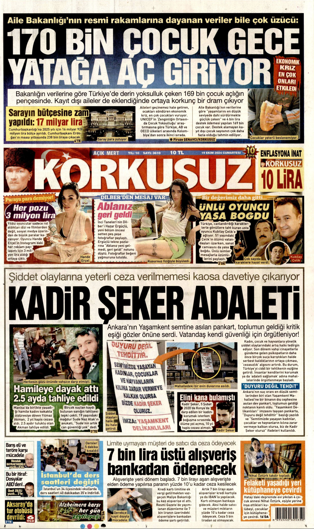 KORKUSUZ gazetesinin 19 Ekim 2024 tarihli birinci sayfası