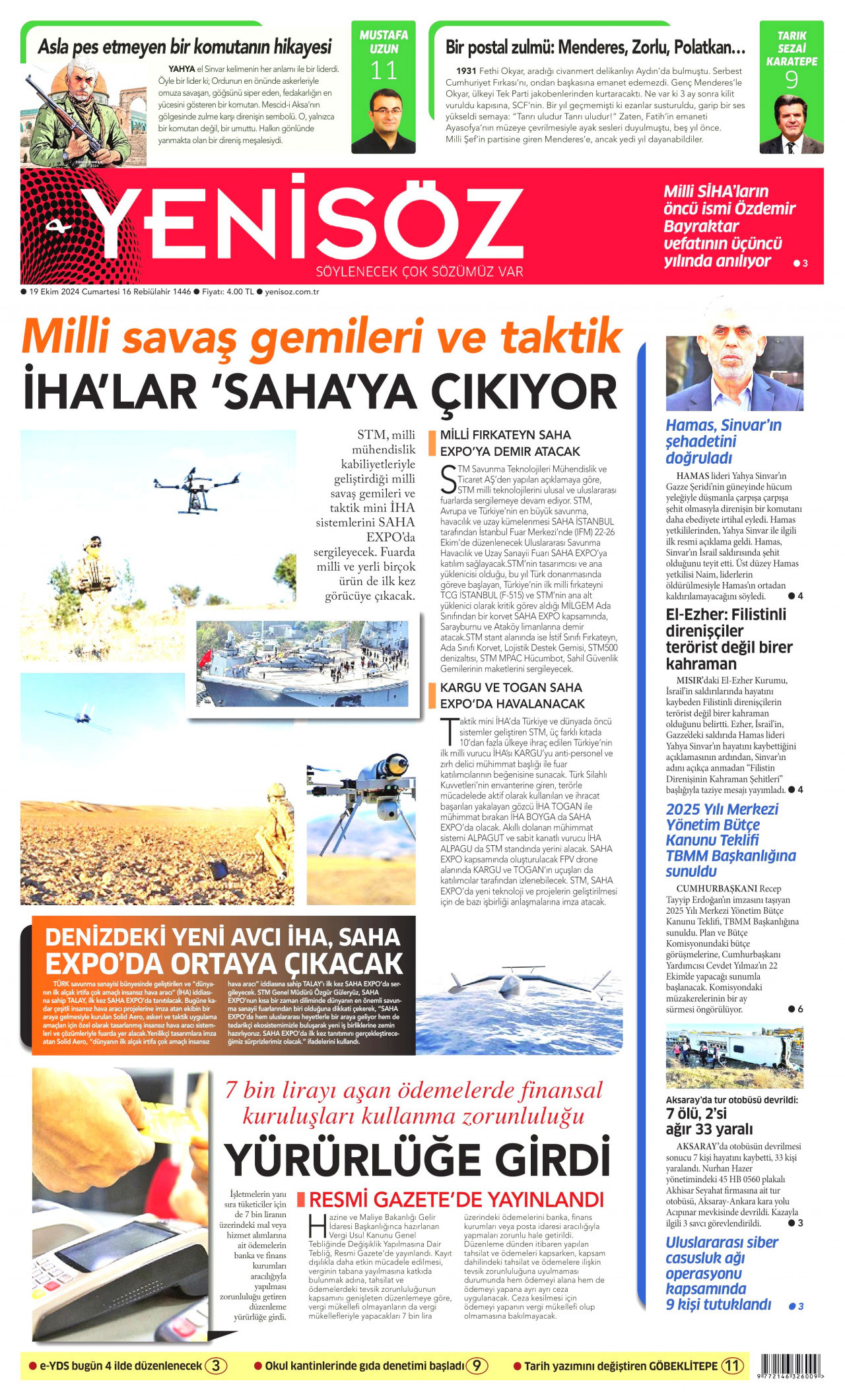 YENİ SÖZ GAZETESİ gazetesinin 19 Ekim 2024 tarihli birinci sayfası