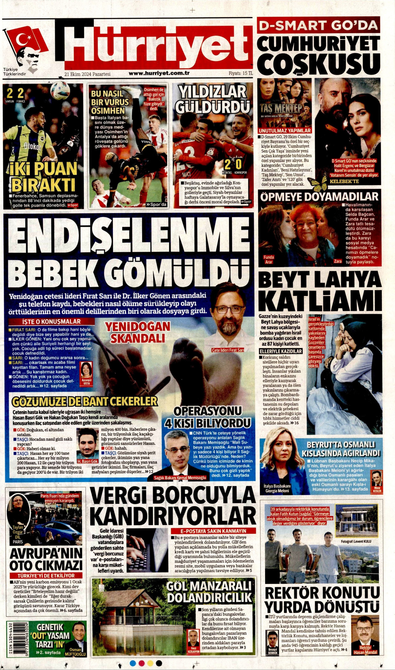 HÜRRİYET gazetesinin 21 Ekim 2024 tarihli birinci sayfası