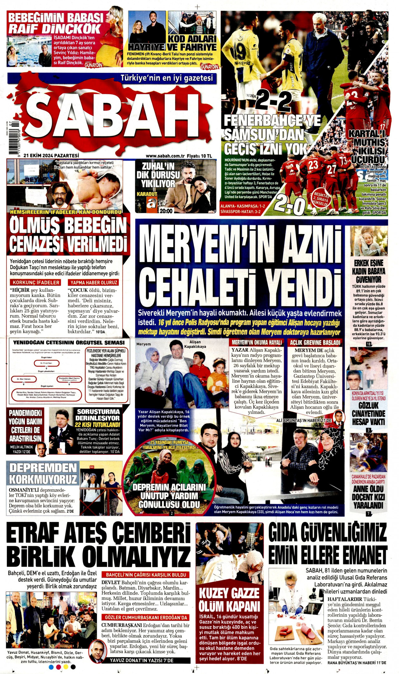 SABAH gazetesinin 21 Ekim 2024 tarihli birinci sayfası
