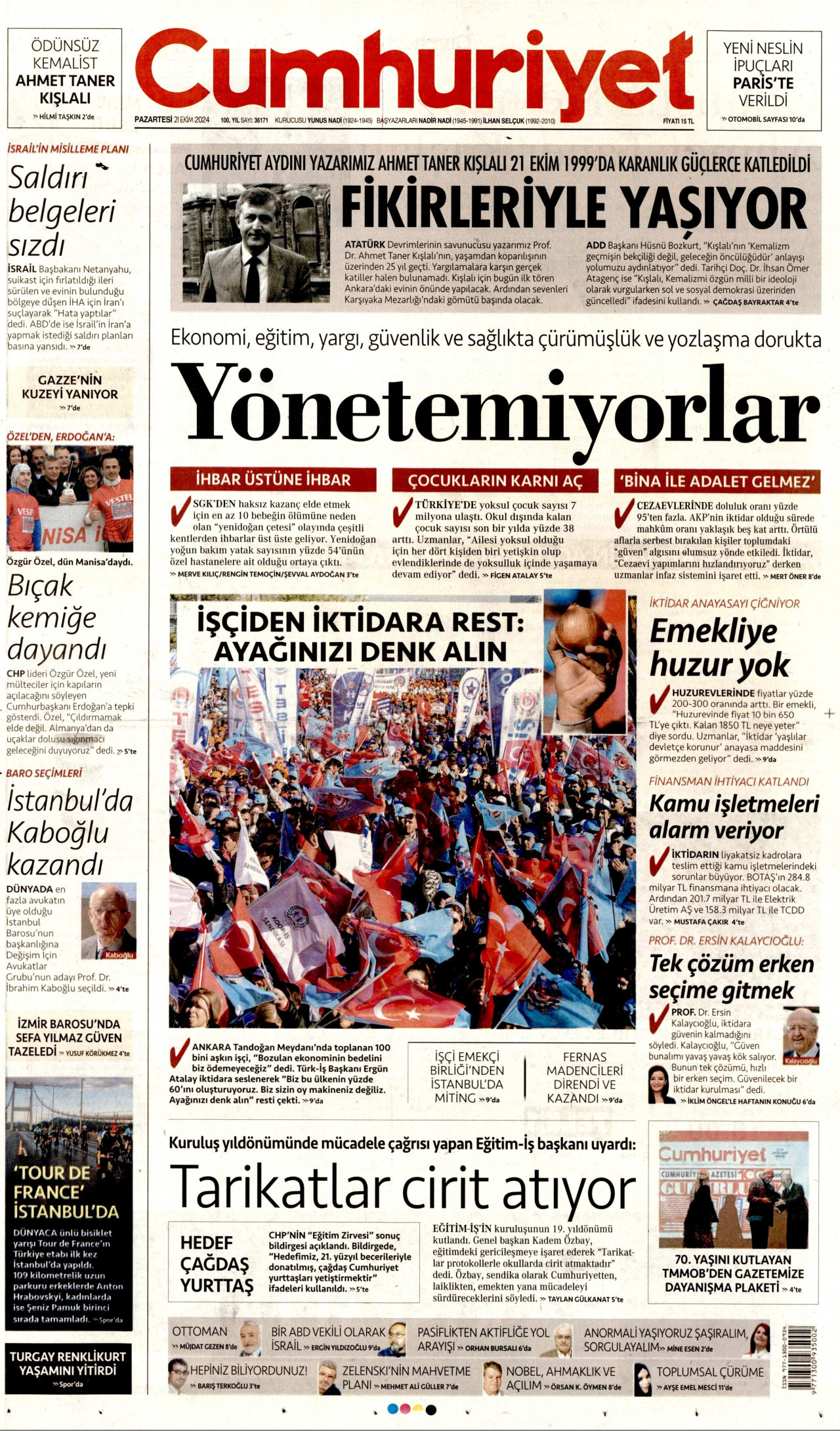 CUMHURİYET gazetesinin 21 Ekim 2024 tarihli birinci sayfası
