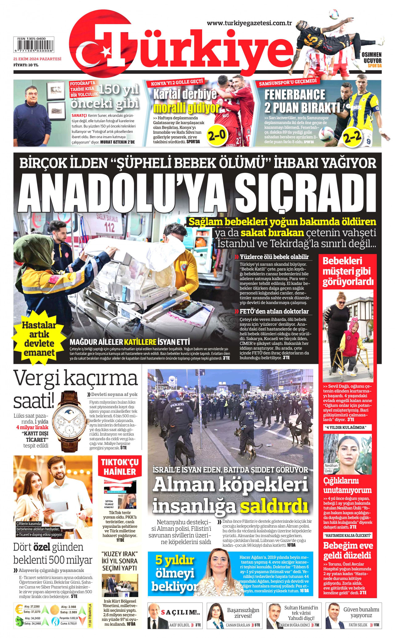 TÜRKİYE GAZETESİ gazetesinin 21 Ekim 2024 tarihli birinci sayfası
