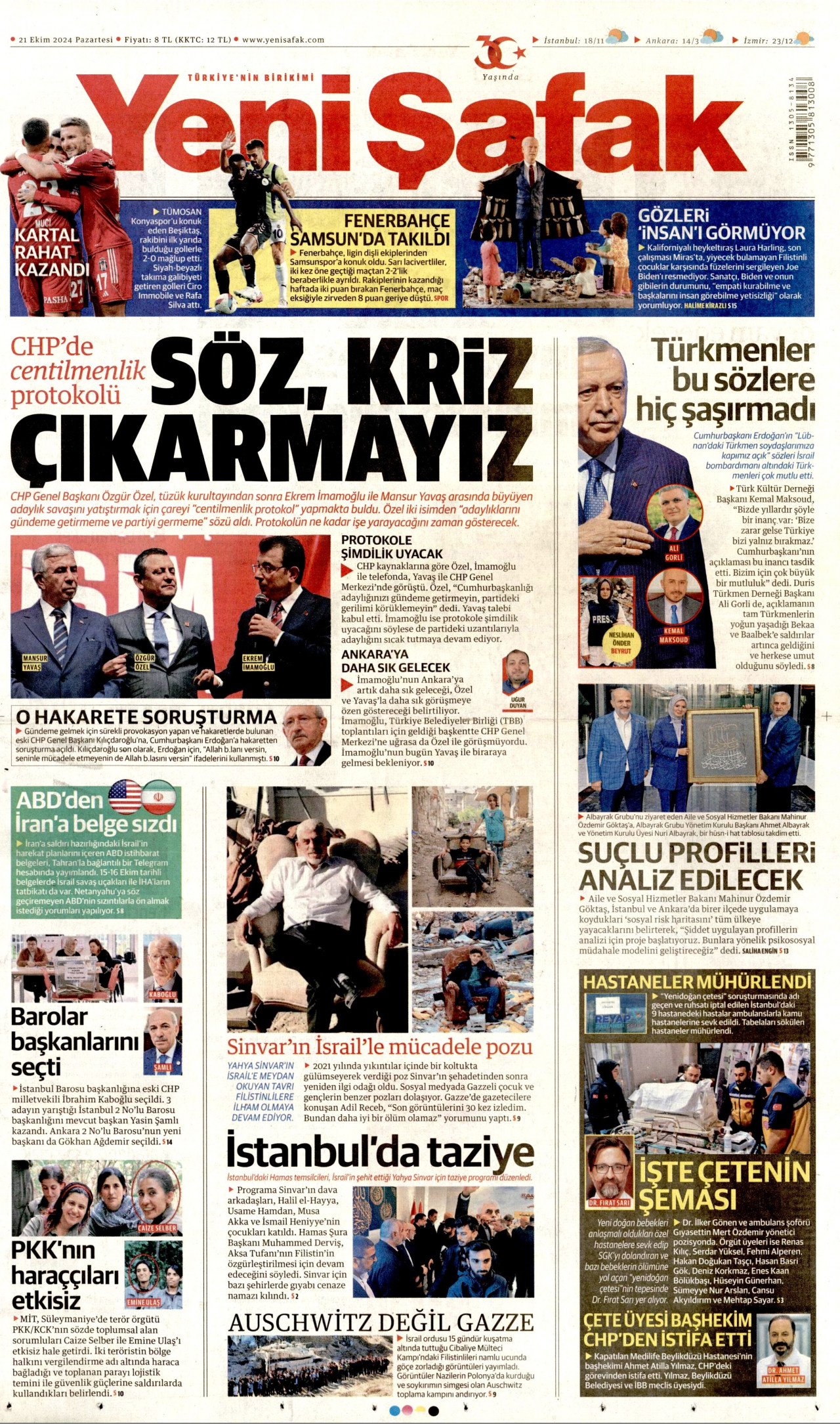 YENİ ŞAFAK gazetesinin 21 Ekim 2024 tarihli birinci sayfası