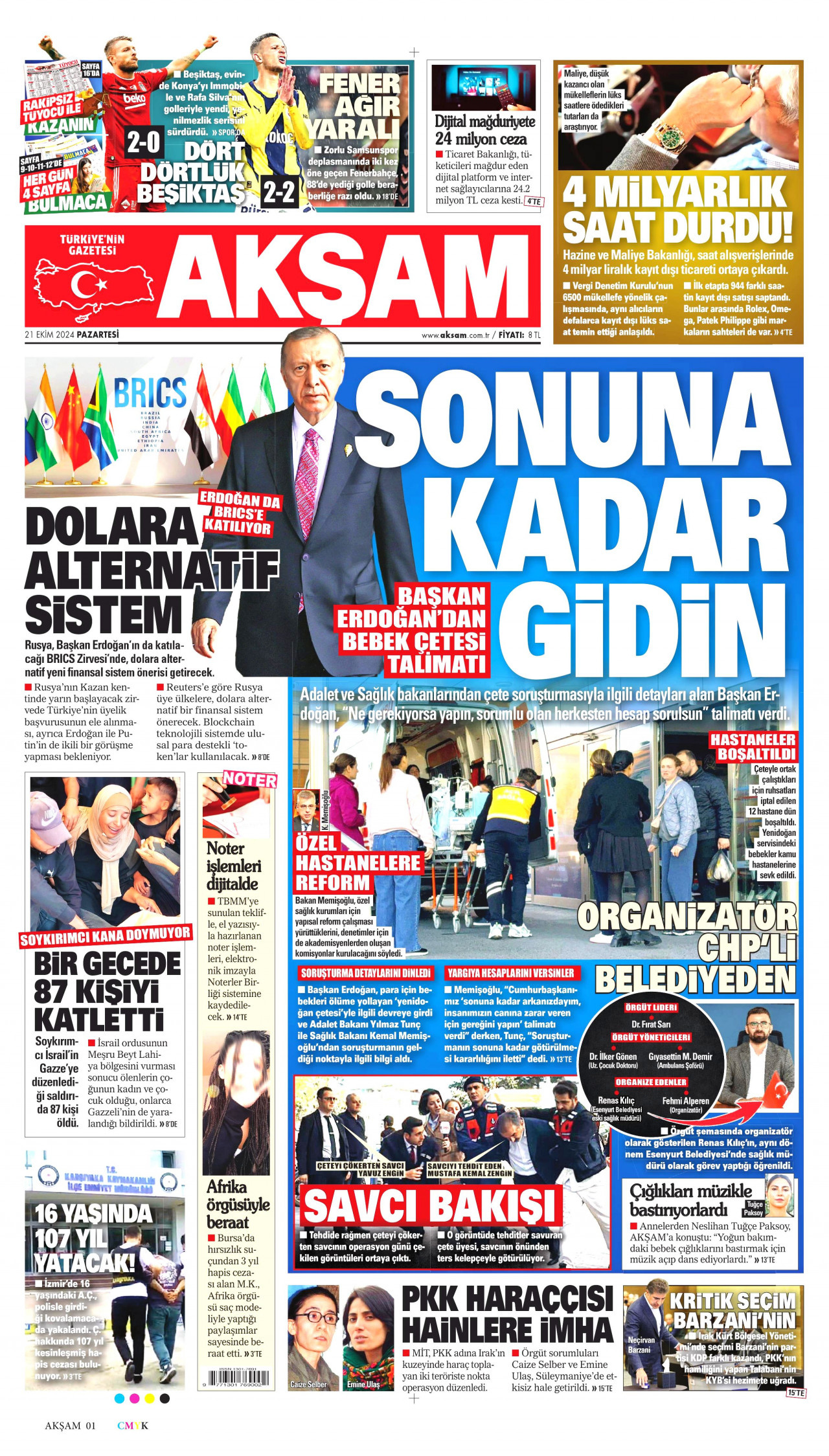AKŞAM gazetesinin 21 Ekim 2024 tarihli birinci sayfası