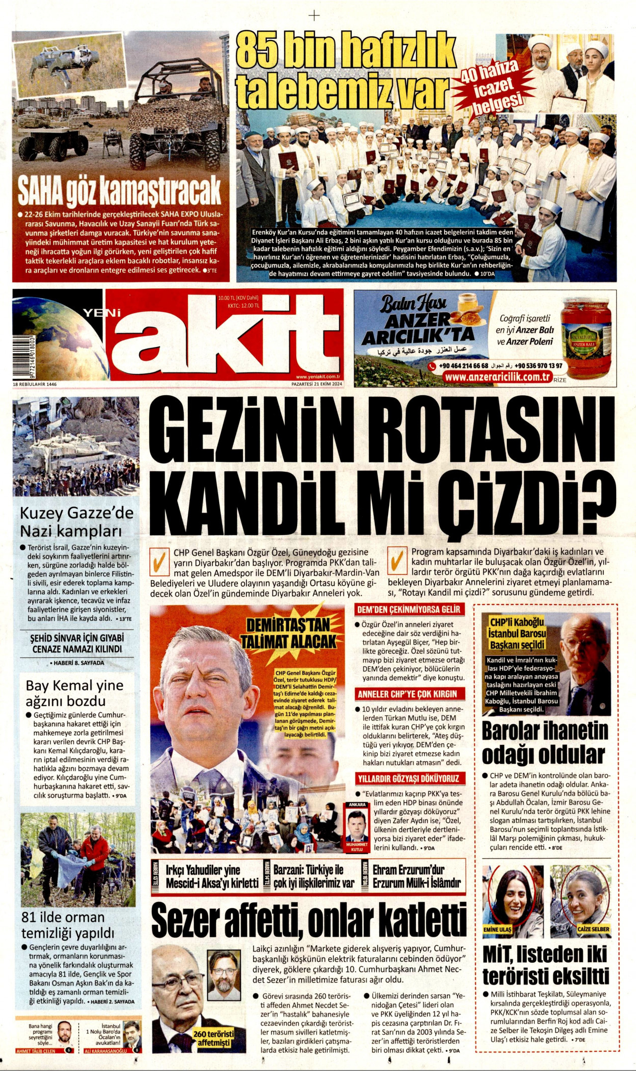 YENİ AKİT gazetesinin 21 Ekim 2024 tarihli birinci sayfası