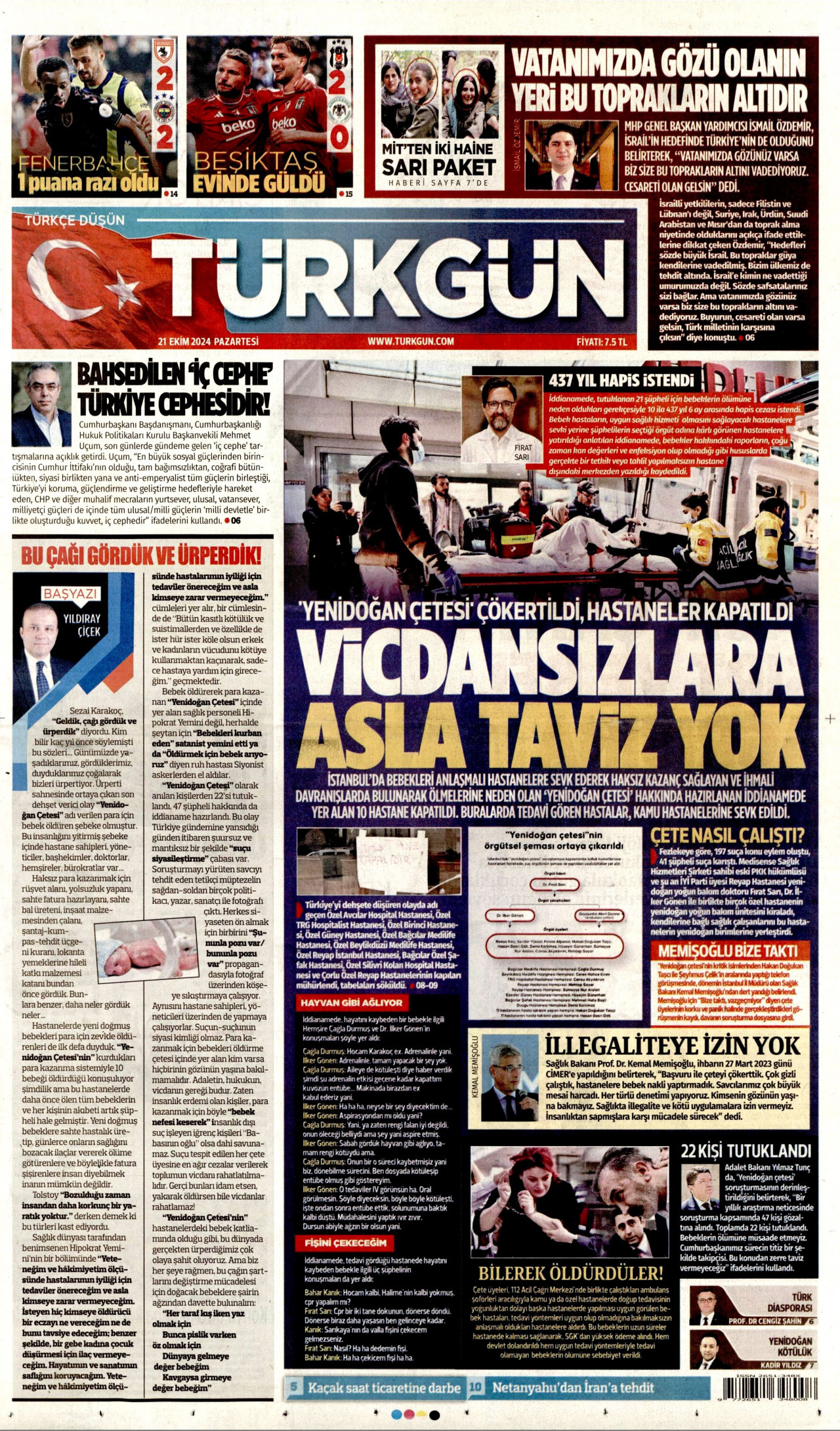 TÜRKGÜN gazetesinin 21 Ekim 2024 tarihli birinci sayfası
