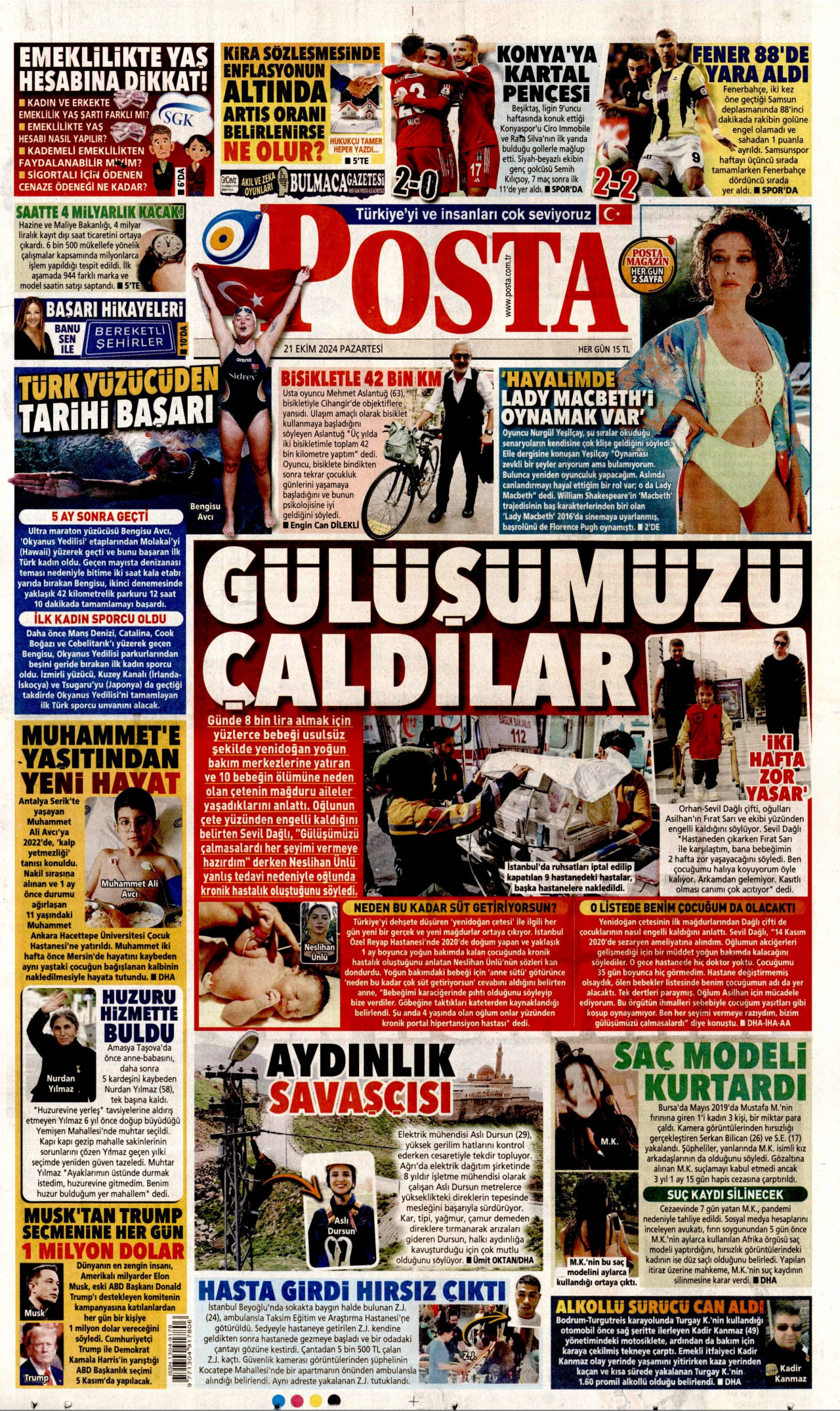 POSTA gazetesinin 21 Ekim 2024 tarihli birinci sayfası