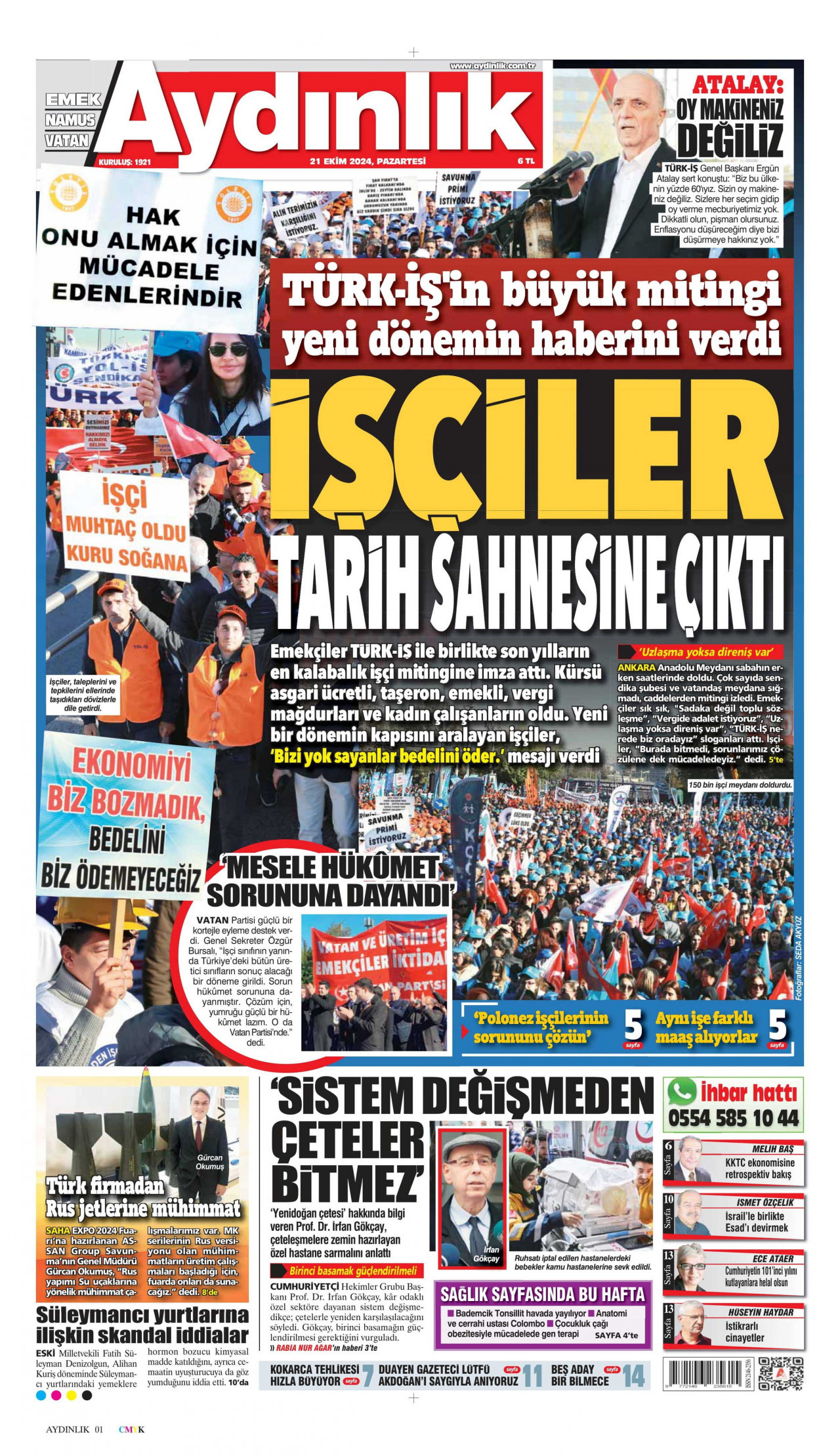 AYDINLIK GAZETESİ gazetesinin 21 Ekim 2024 tarihli birinci sayfası