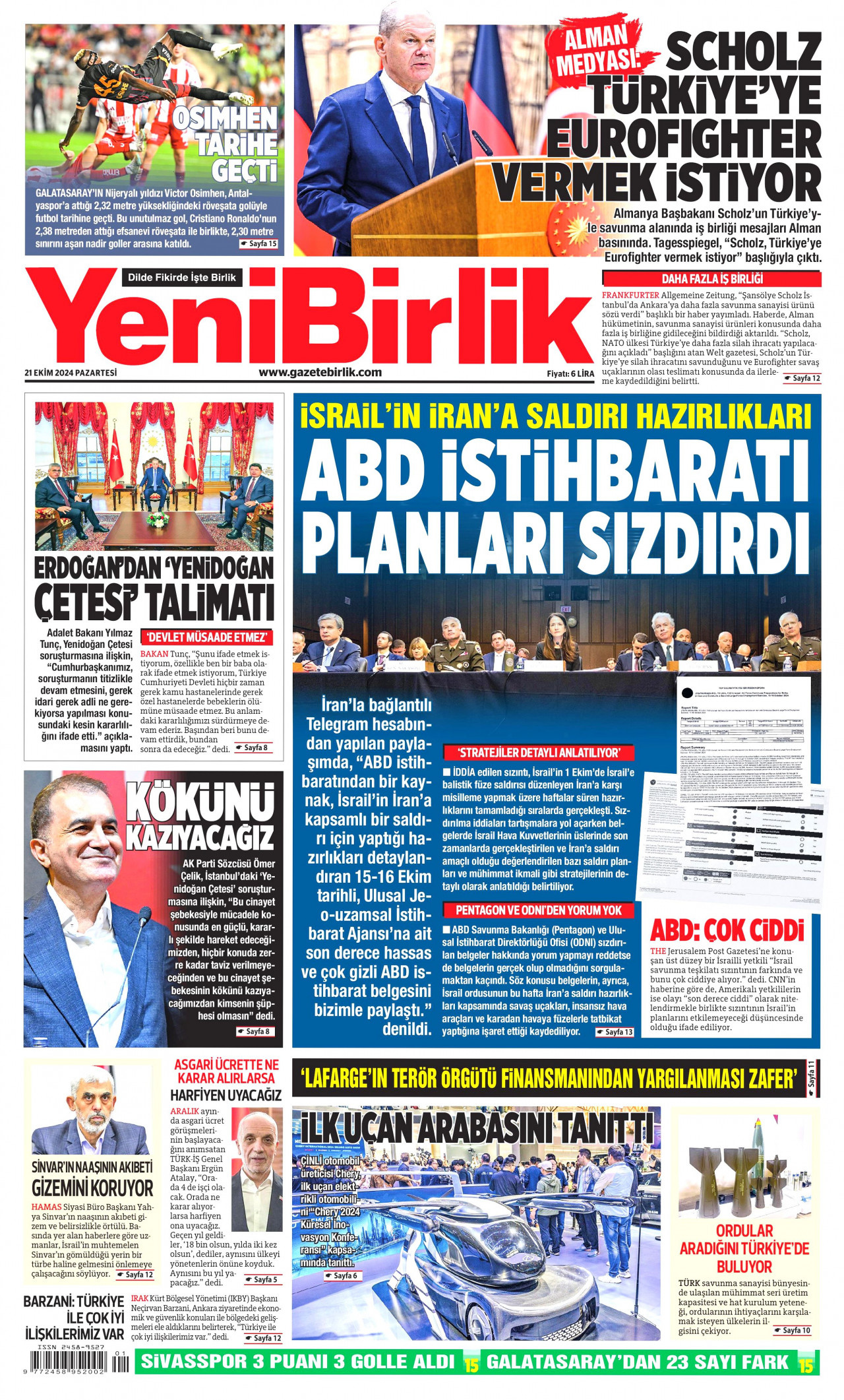 YENİBİRLİK gazetesinin 21 Ekim 2024 tarihli birinci sayfası