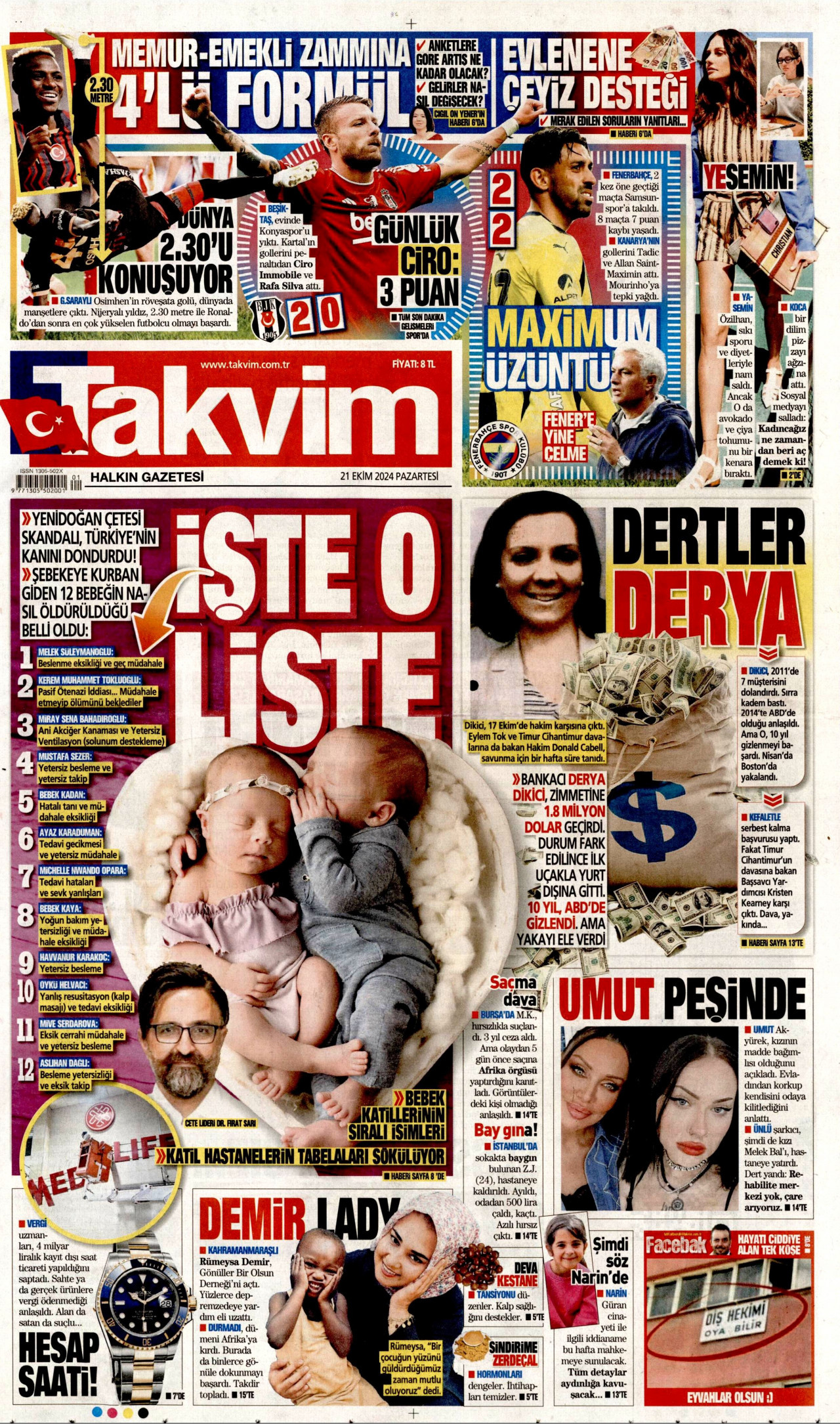 TAKVİM gazetesinin 21 Ekim 2024 tarihli birinci sayfası