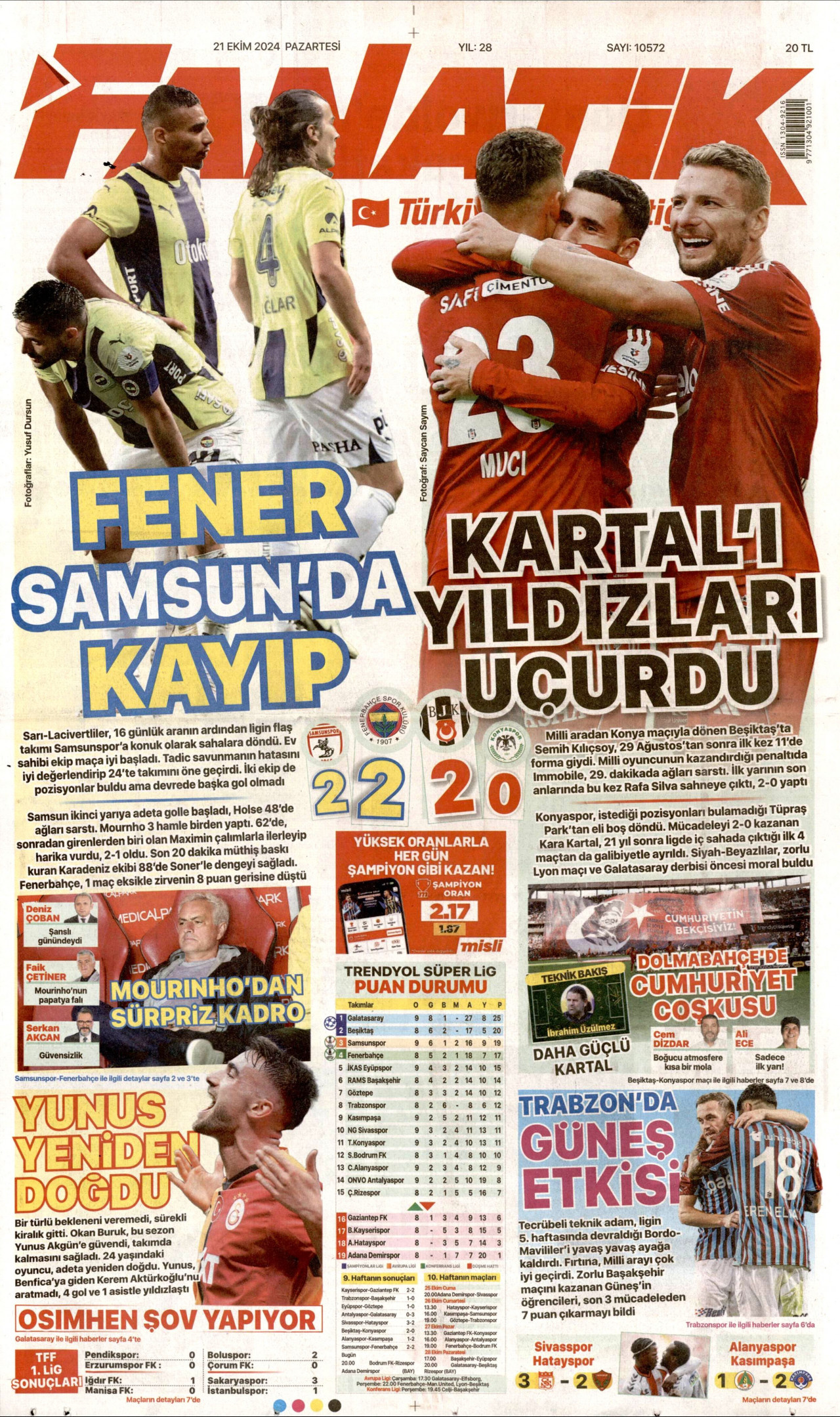 FANATİK gazetesinin 21 Ekim 2024 tarihli birinci sayfası