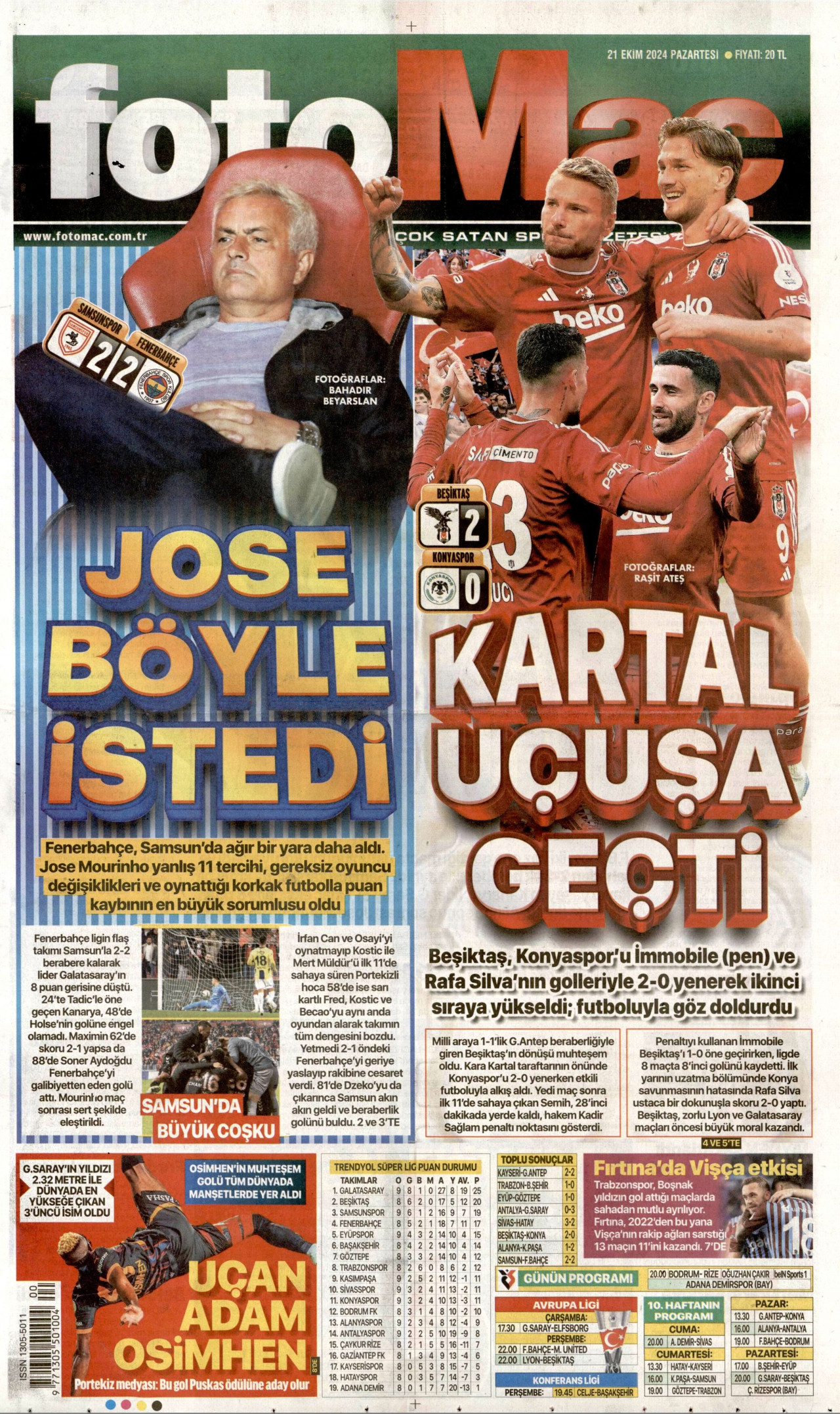 FOTOMAÇ gazetesinin 21 Ekim 2024 tarihli birinci sayfası