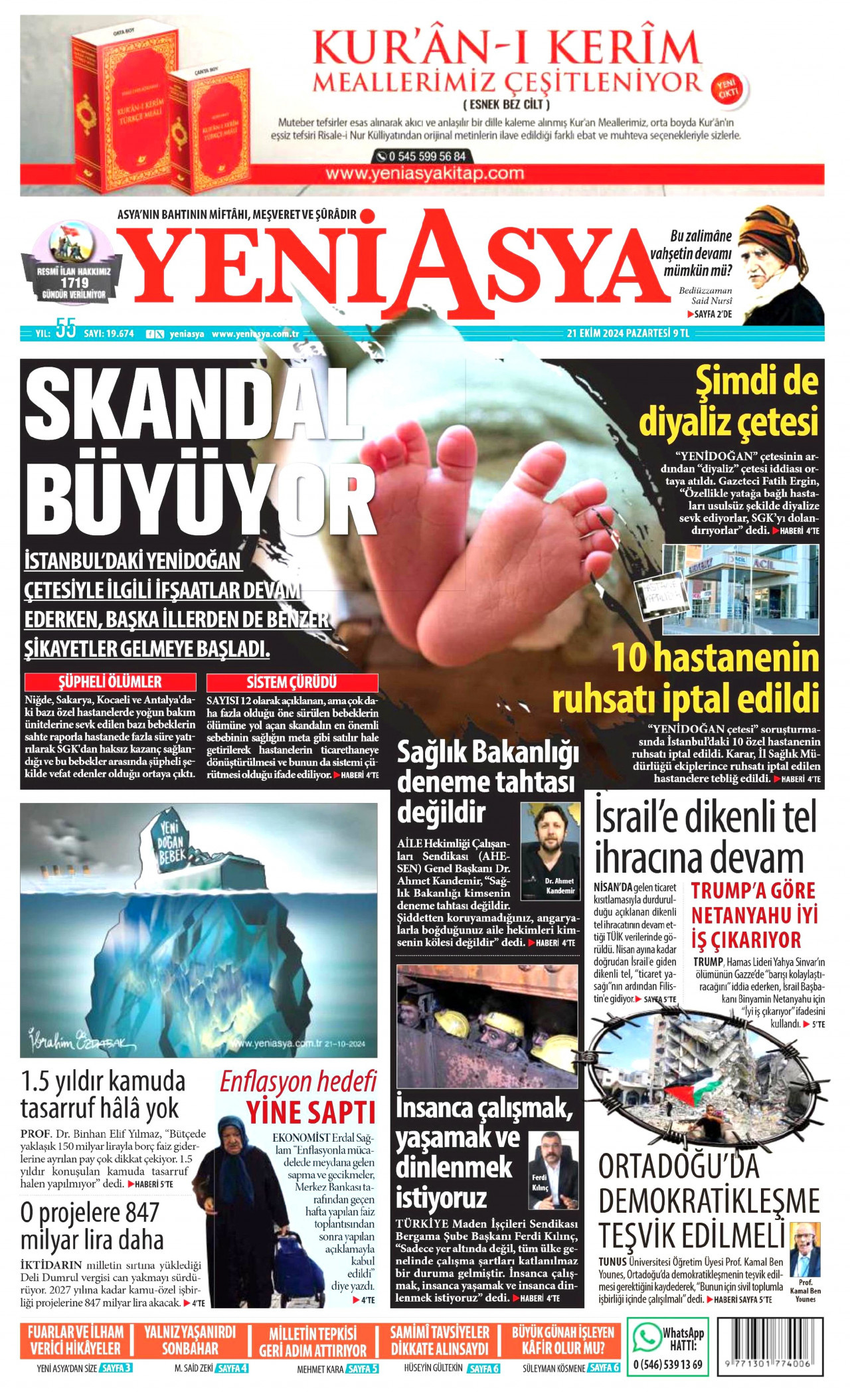 YENİ ASYA gazetesinin 21 Ekim 2024 tarihli birinci sayfası