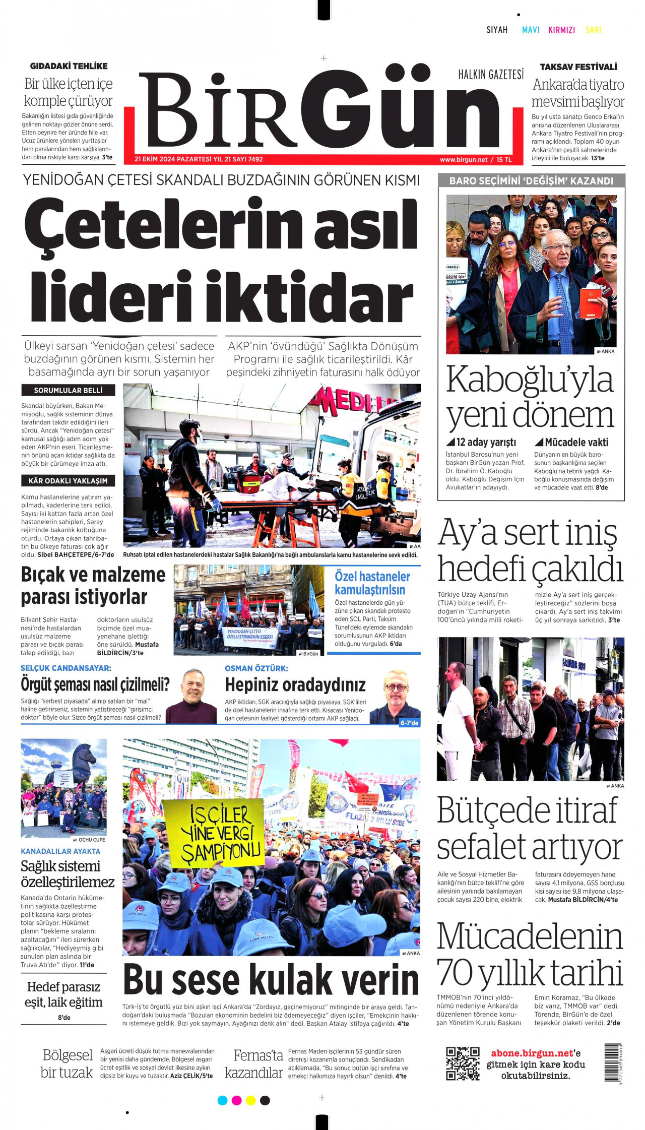 BİRGÜN gazetesinin 21 Ekim 2024 tarihli birinci sayfası