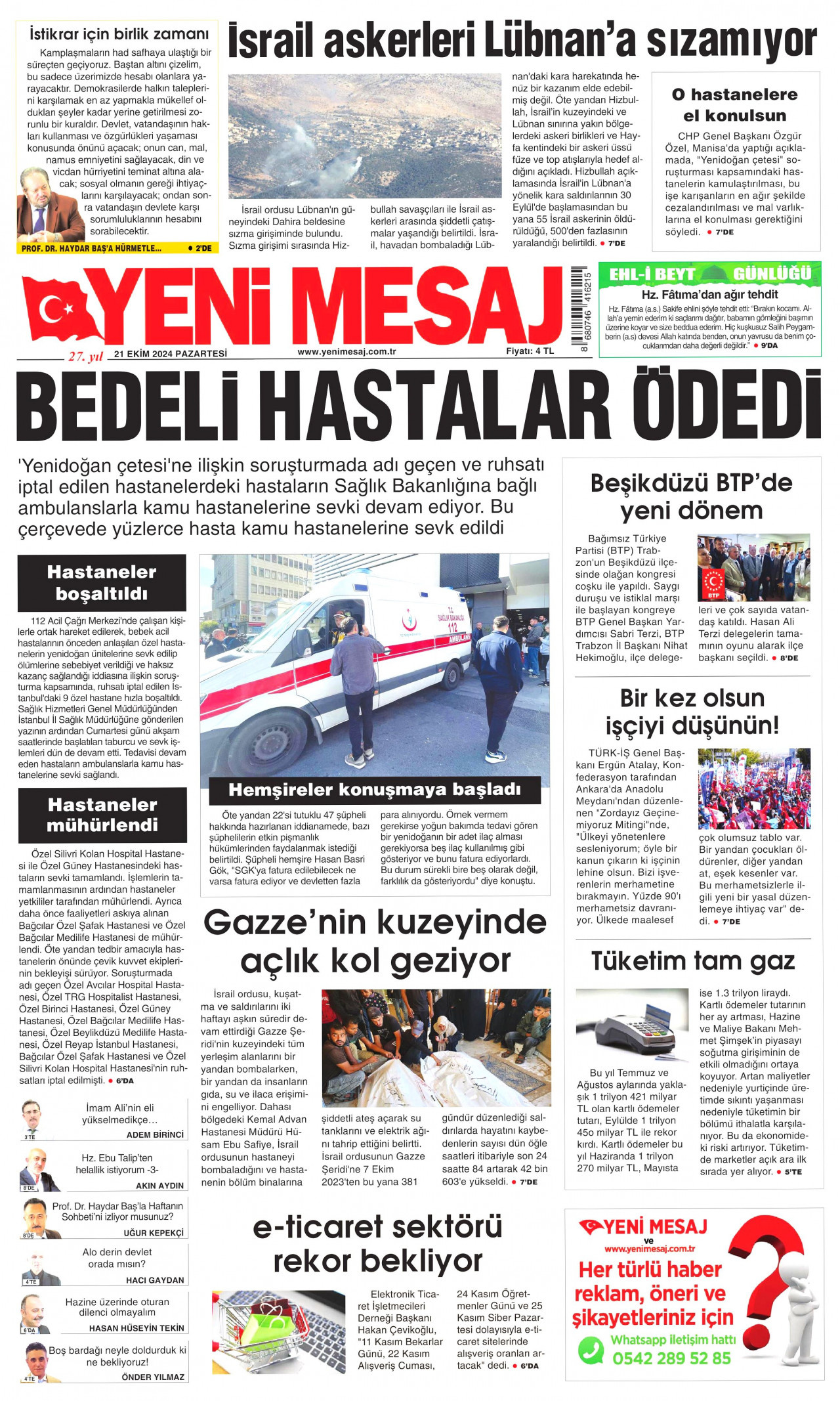 YENİ MESAJ gazetesinin 21 Ekim 2024 tarihli birinci sayfası