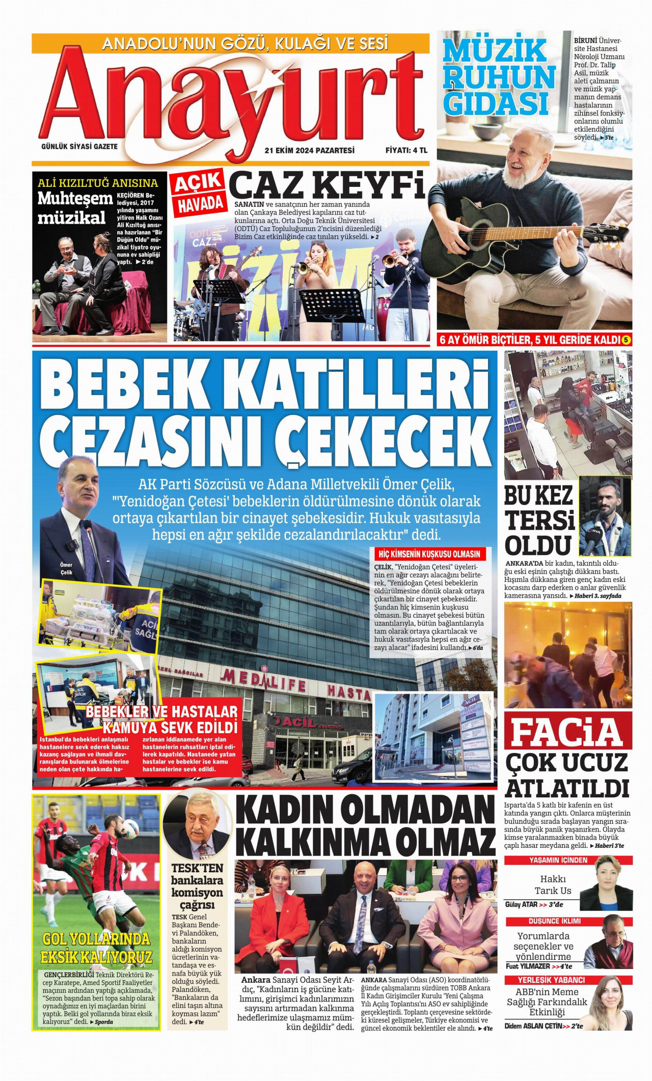 ANAYURT gazetesinin 21 Ekim 2024 tarihli birinci sayfası