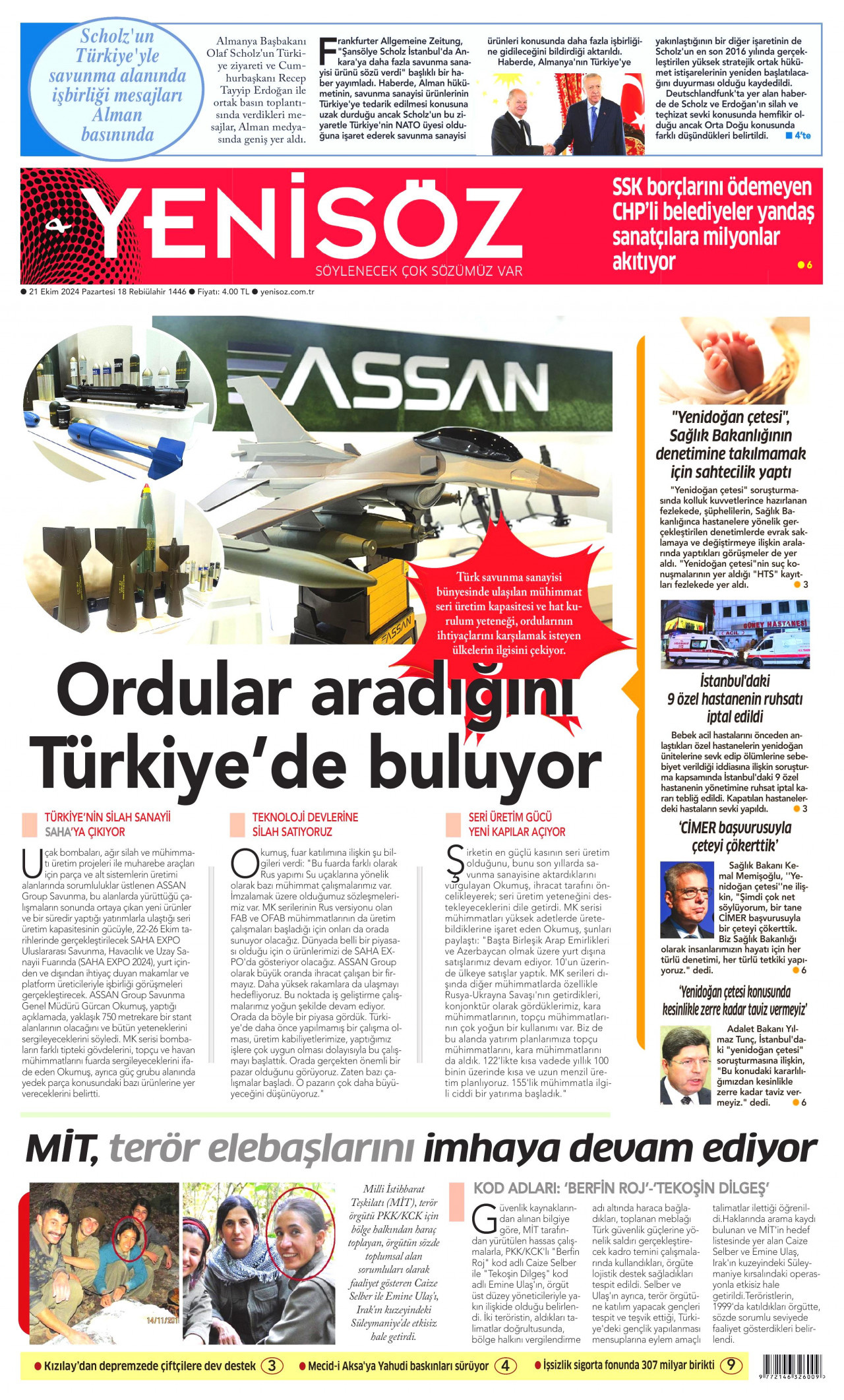 YENİ SÖZ GAZETESİ gazetesinin 21 Ekim 2024 tarihli birinci sayfası
