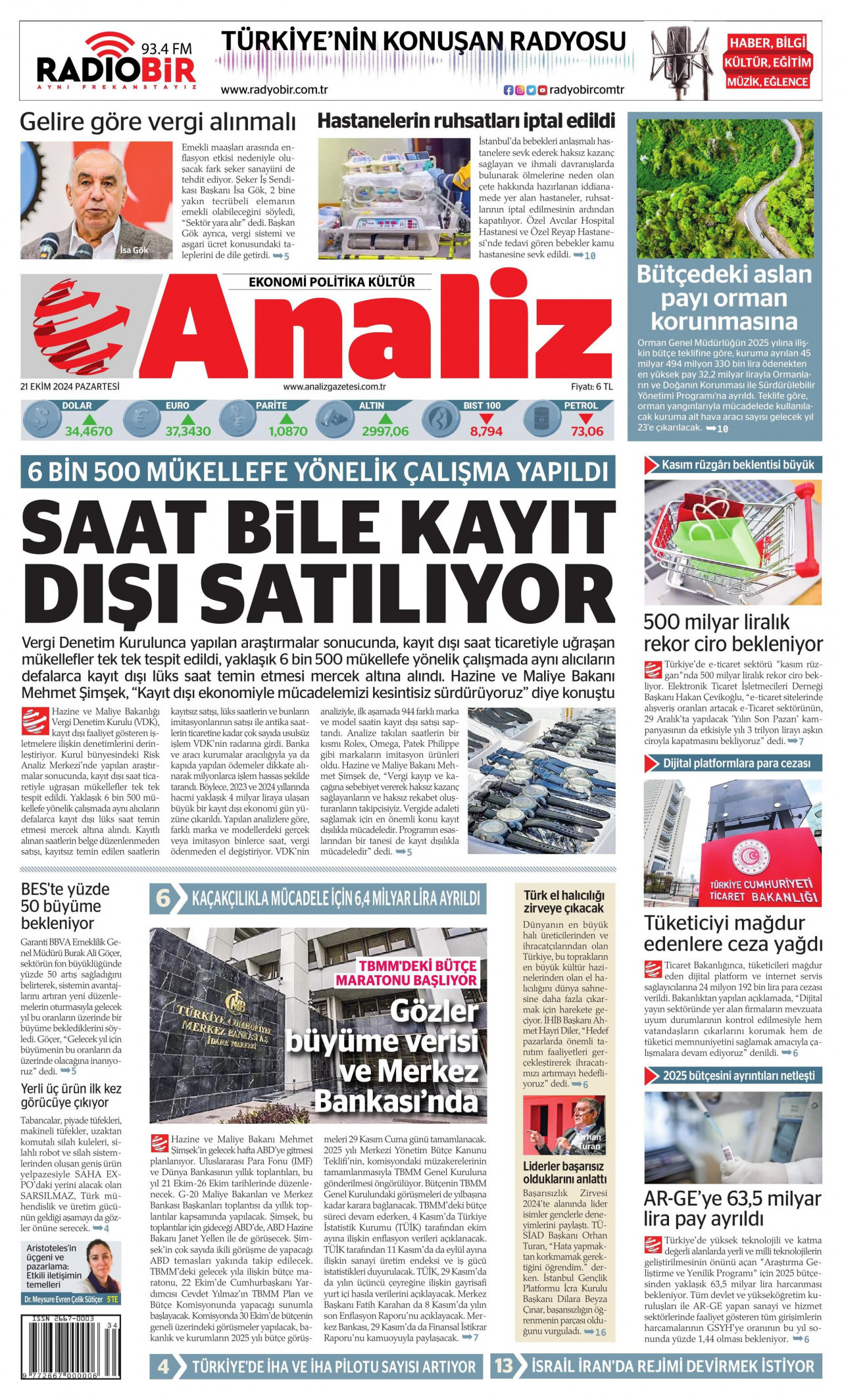 ANALİZ gazetesinin 21 Ekim 2024 tarihli birinci sayfası