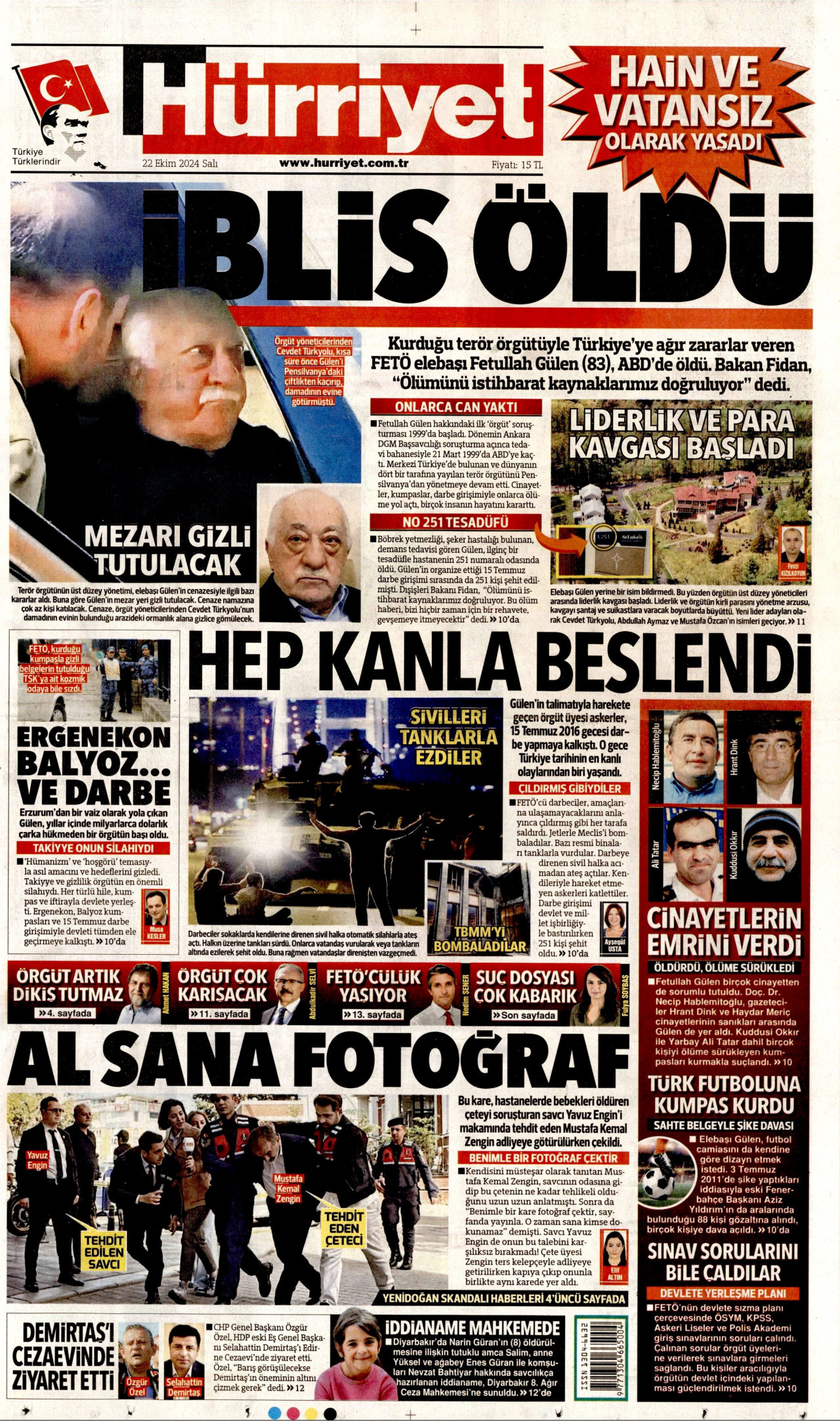 HÜRRİYET gazetesinin 22 Ekim 2024 tarihli birinci sayfası