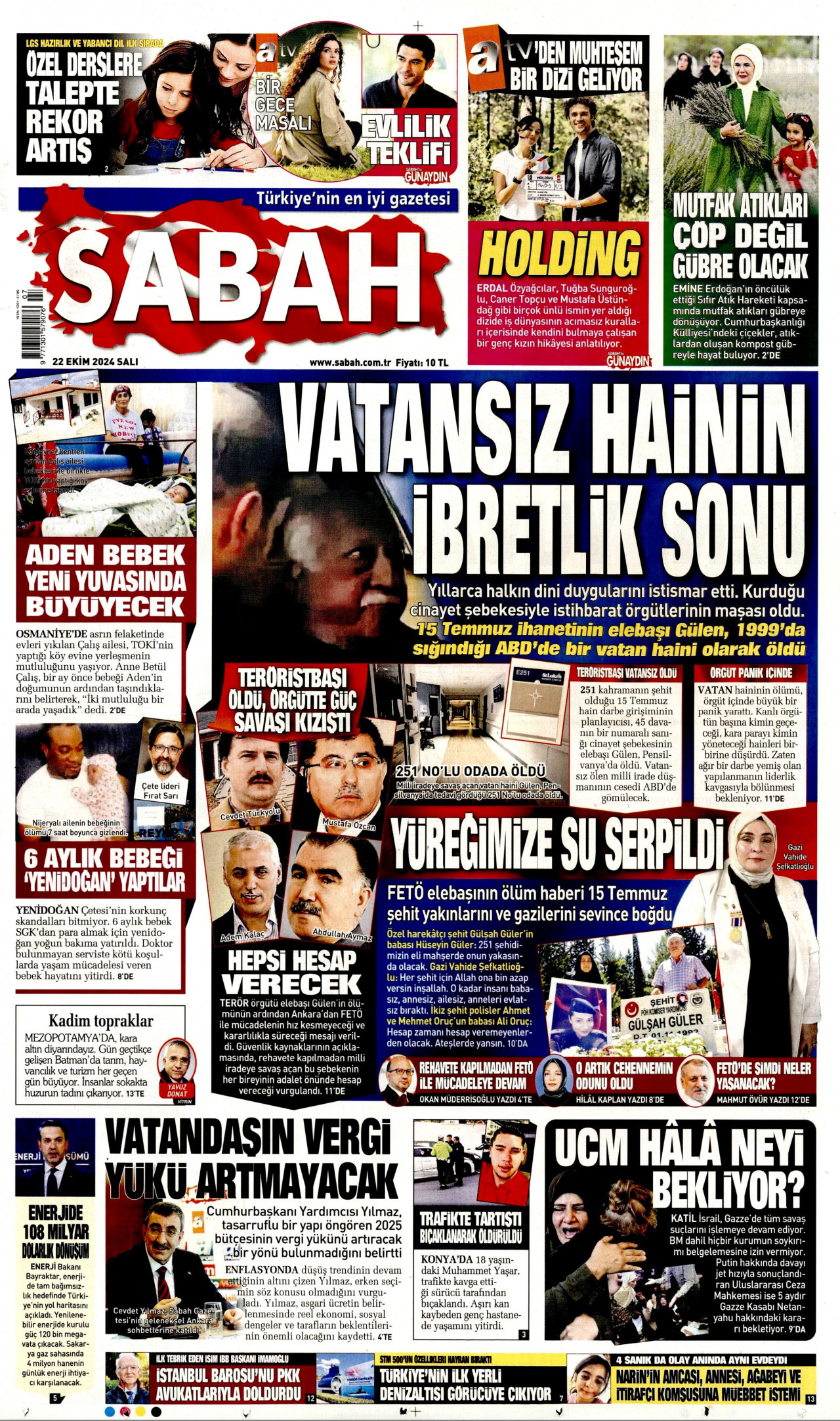 SABAH gazetesinin 22 Ekim 2024 tarihli birinci sayfası