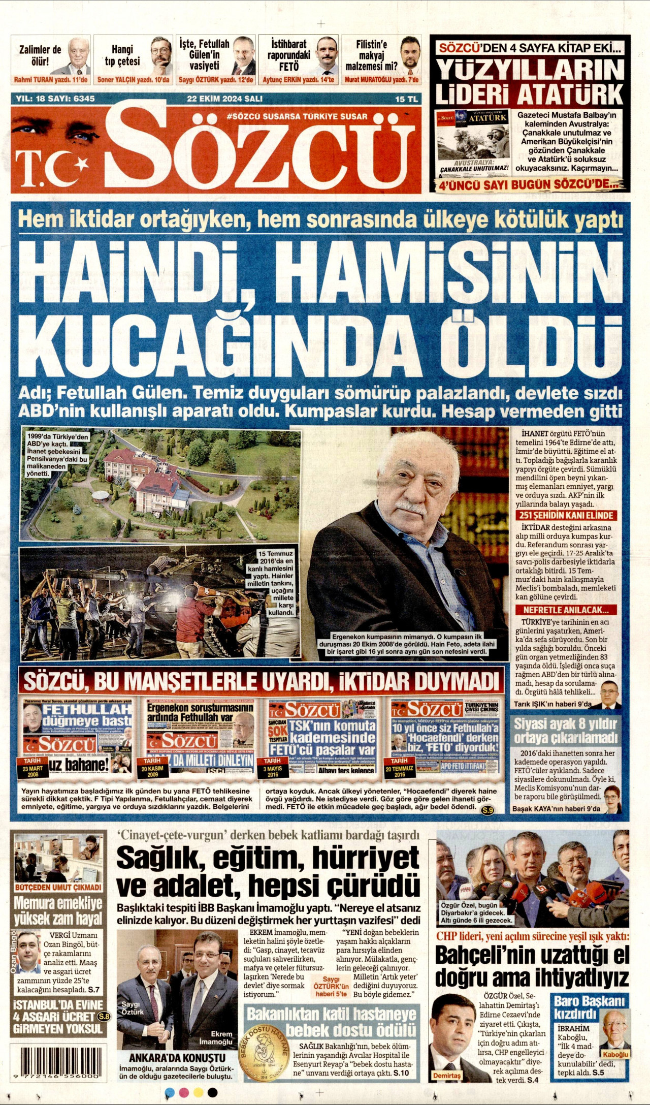 SÖZCÜ gazetesinin 22 Ekim 2024 tarihli birinci sayfası