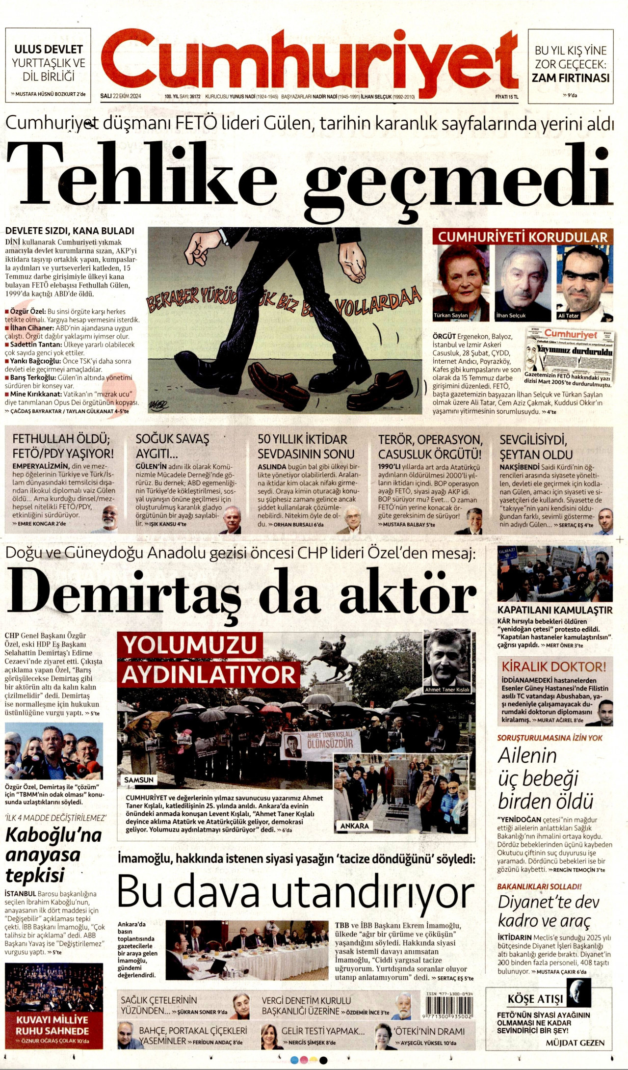 CUMHURİYET gazetesinin 22 Ekim 2024 tarihli birinci sayfası