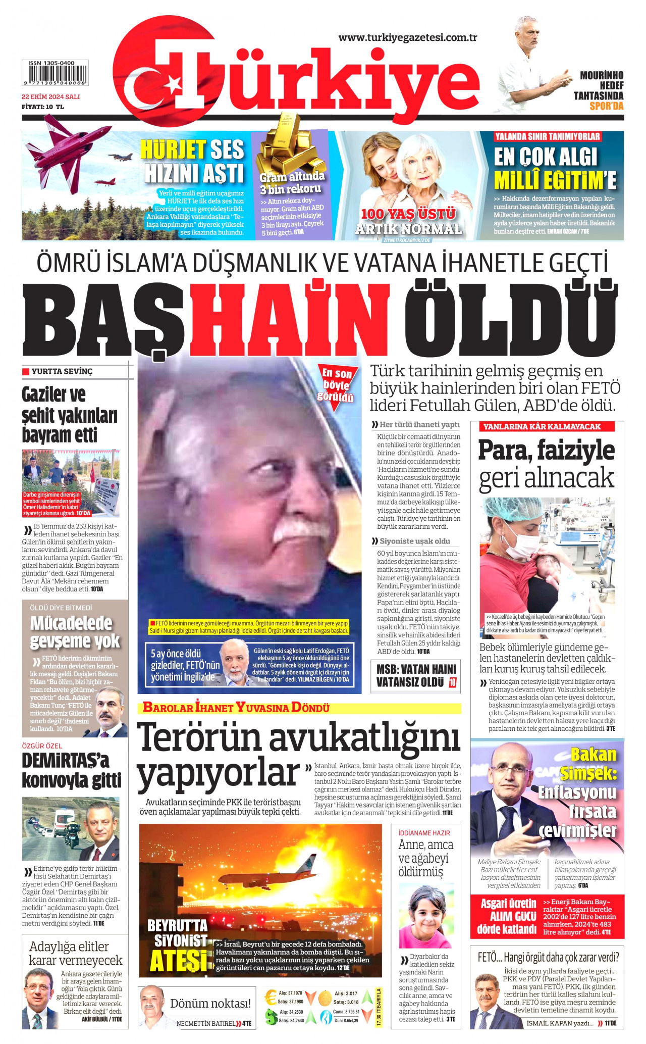 TÜRKİYE GAZETESİ gazetesinin 22 Ekim 2024 tarihli birinci sayfası
