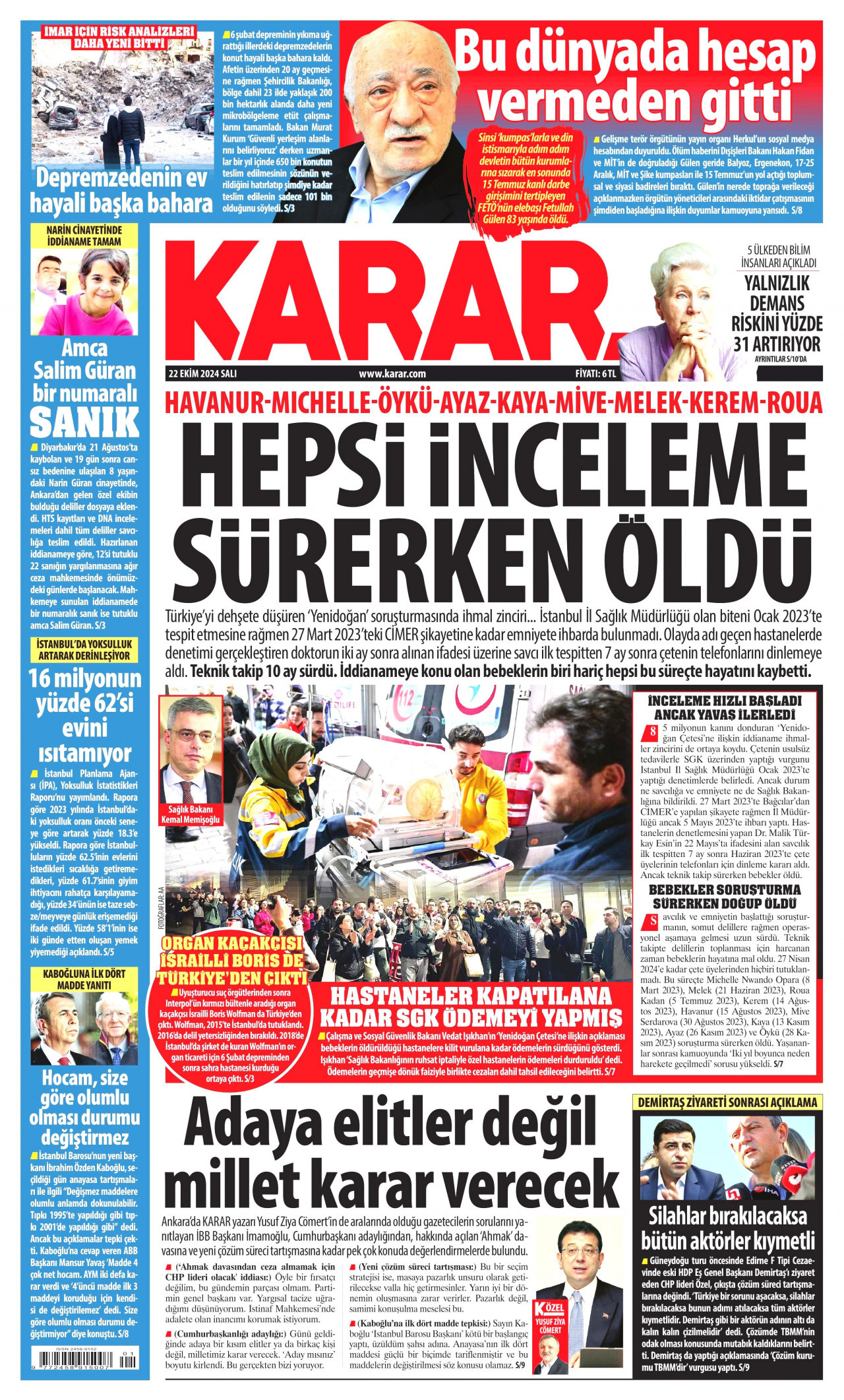 KARAR gazetesinin 22 Ekim 2024 tarihli birinci sayfası