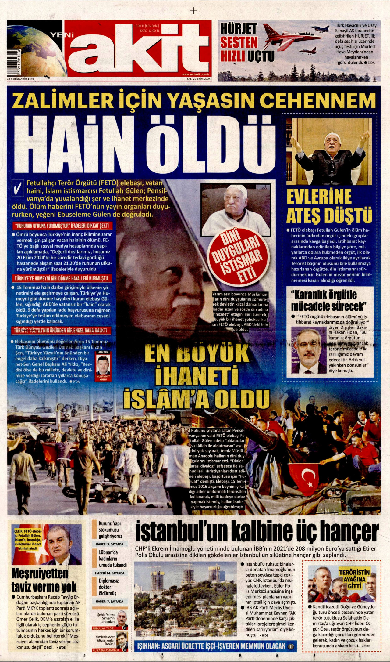 YENİ AKİT gazetesinin 22 Ekim 2024 tarihli birinci sayfası
