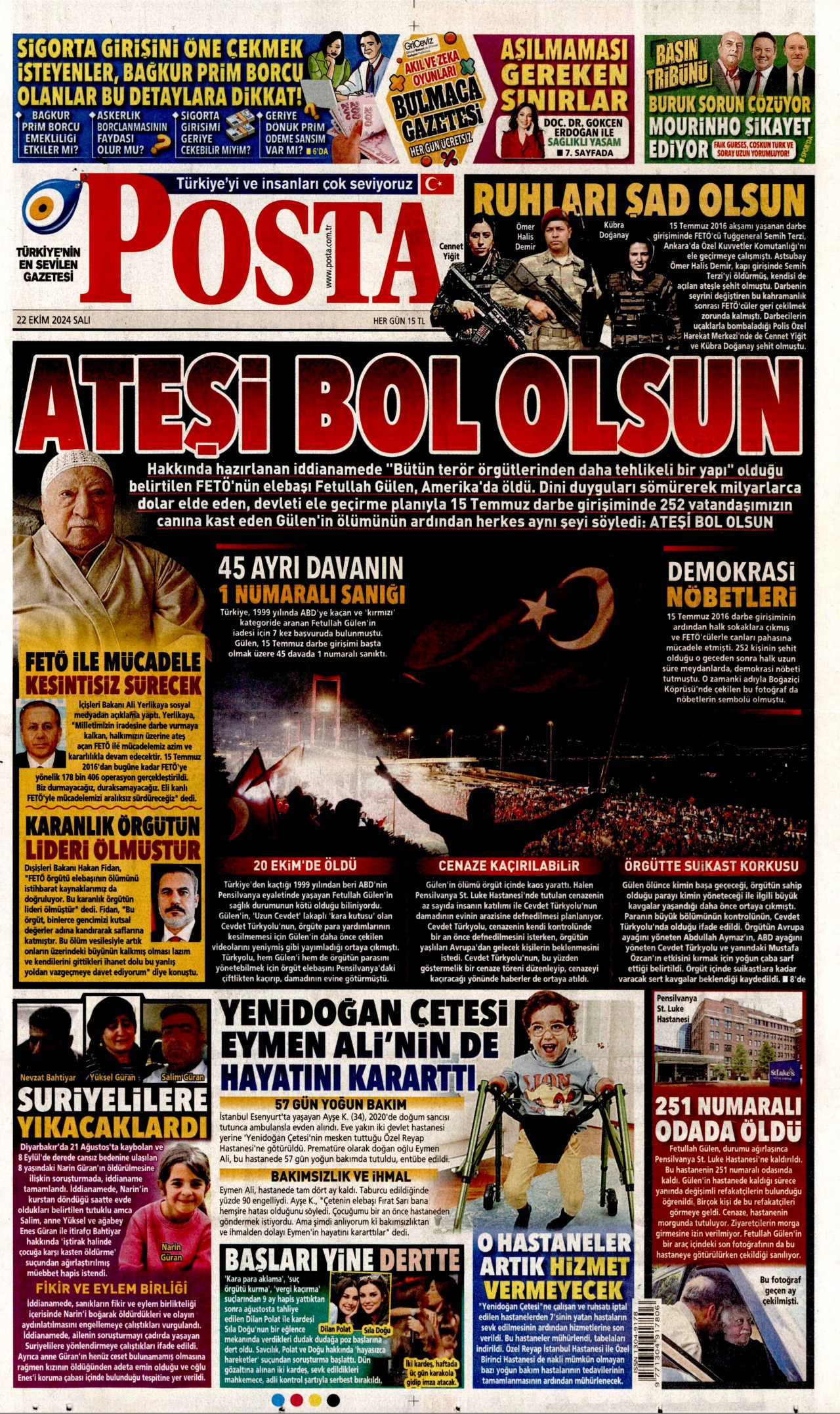 POSTA gazetesinin 22 Ekim 2024 tarihli birinci sayfası