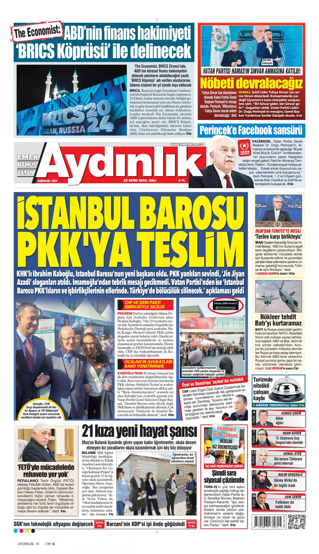 AYDINLIK GAZETESİ gazetesinin 22 Ekim 2024 tarihli birinci sayfası