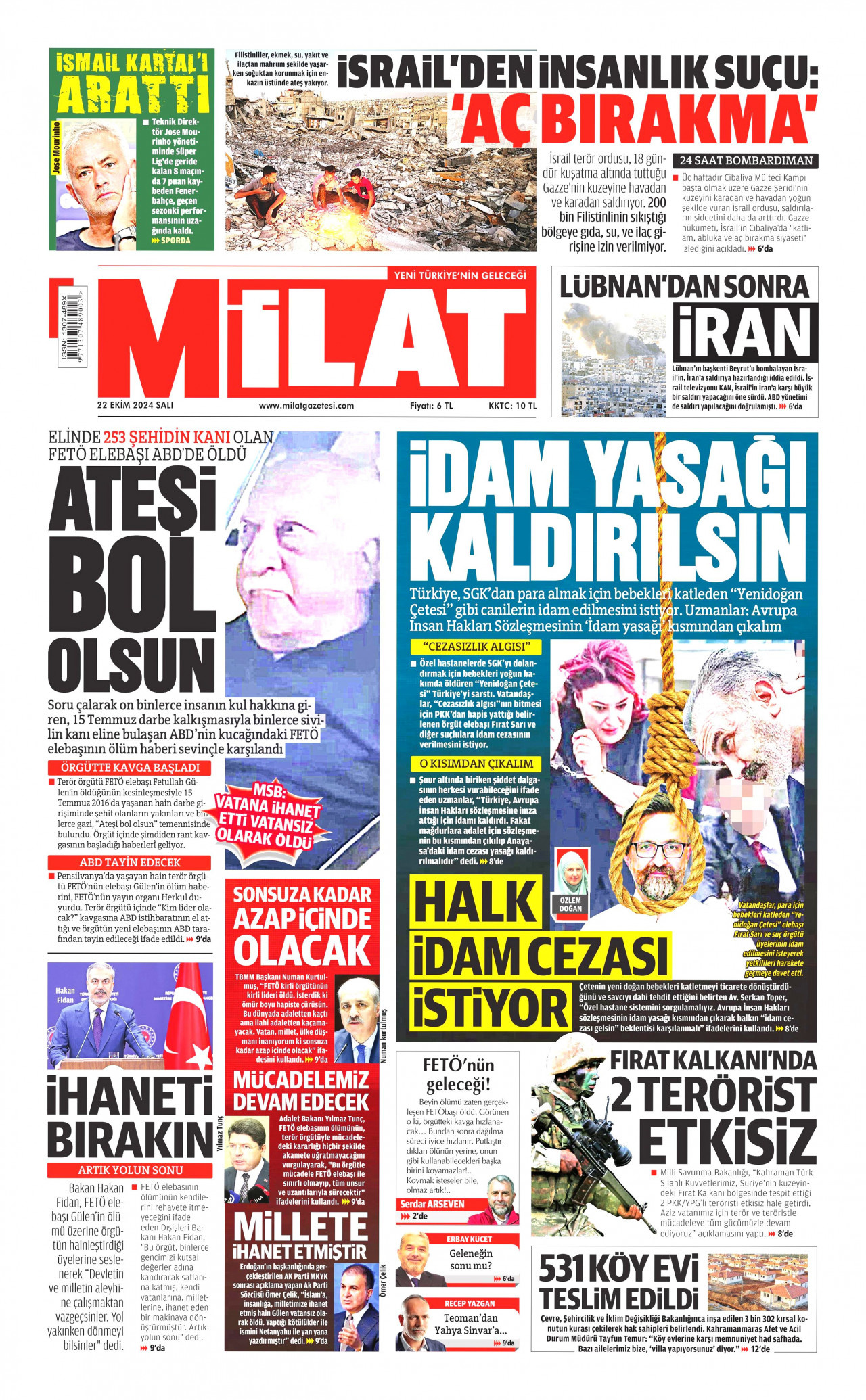 MİLAT gazetesinin 22 Ekim 2024 tarihli birinci sayfası