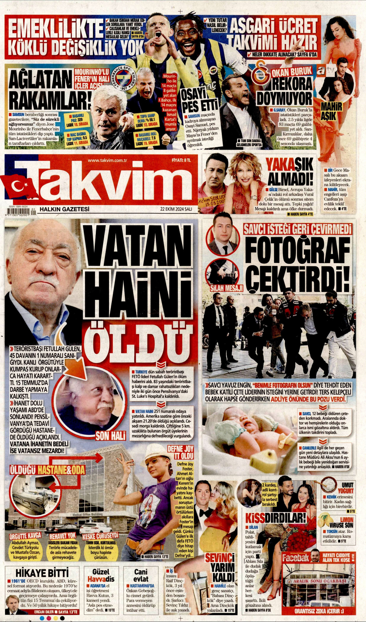 TAKVİM gazetesinin 22 Ekim 2024 tarihli birinci sayfası